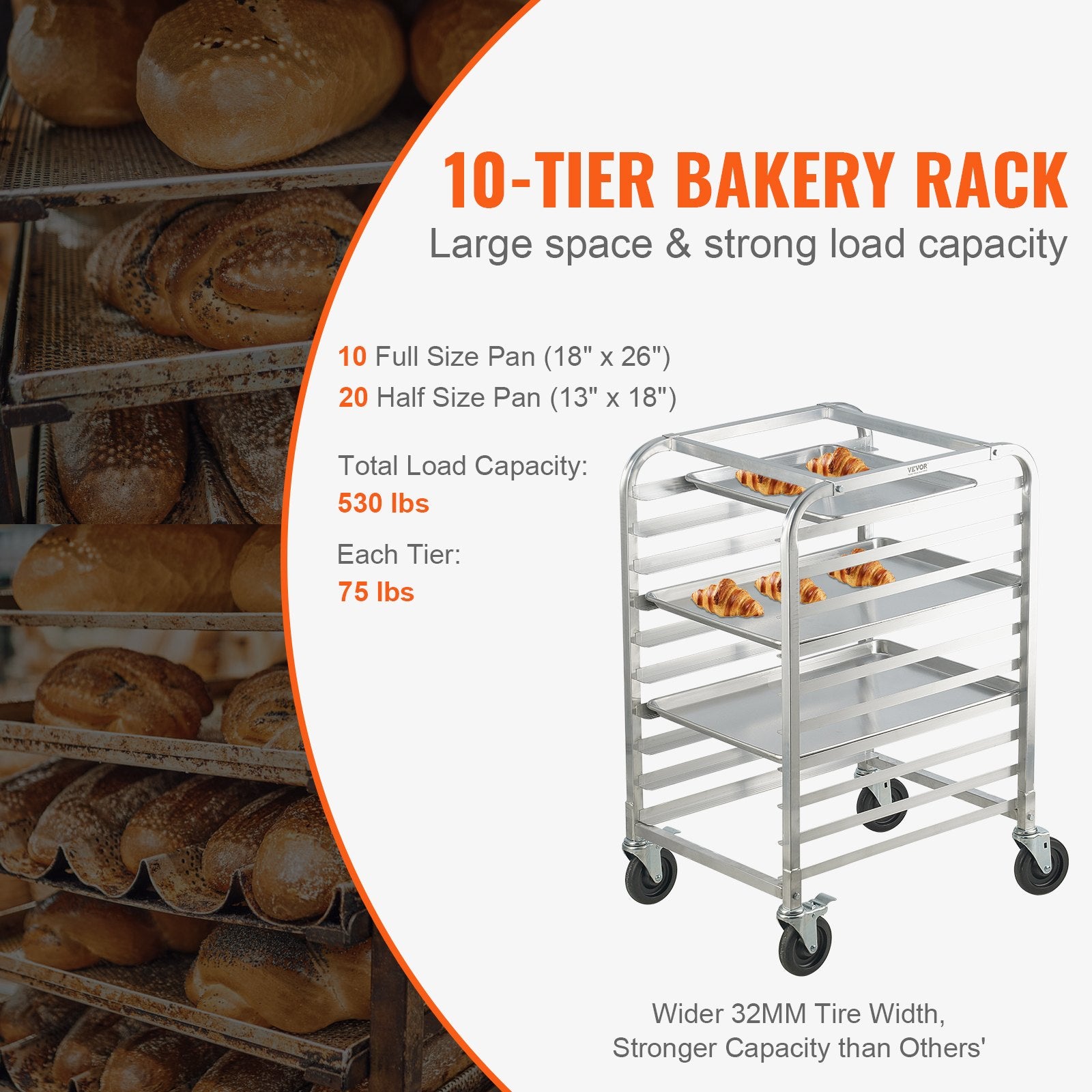 Bakeware & Accessories: VEVOR Bun Pan Rack, 10-Tier Commercial Bakery Racks with Brake Wheels, Aluminum Racking Trolley Storage for Half & Full Sheet, Speed Rack For Kitchen Home, Bread Baking Equipment, 660x515x985 mm