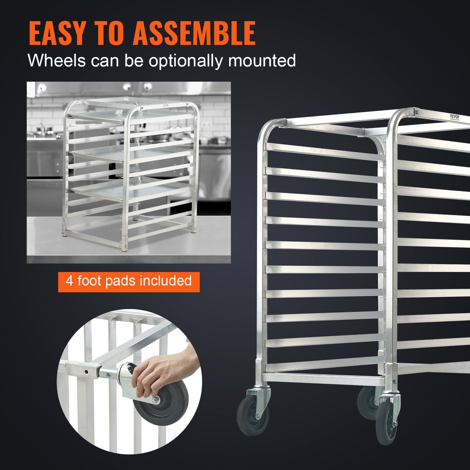 Bakeware & Accessories: VEVOR Bun Pan Rack, 10-Tier Commercial Bakery Racks with Brake Wheels, Aluminum Racking Trolley Storage for Half & Full Sheet, Speed Rack For Kitchen Home, Bread Baking Equipment, 660x515x985 mm