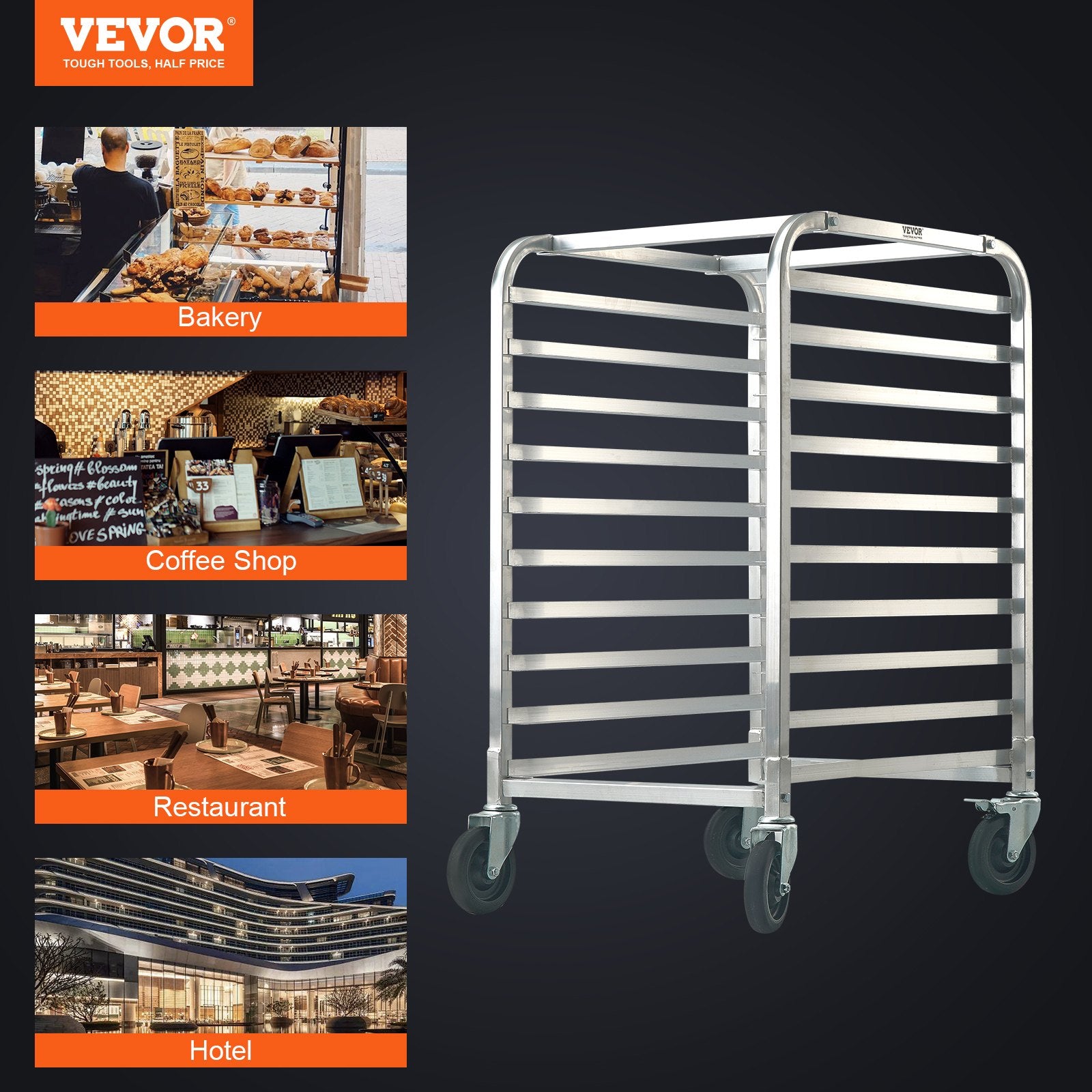 Bakeware & Accessories: VEVOR Bun Pan Rack, 10-Tier Commercial Bakery Racks with Brake Wheels, Aluminum Racking Trolley Storage for Half & Full Sheet, Speed Rack For Kitchen Home, Bread Baking Equipment, 660x515x985 mm