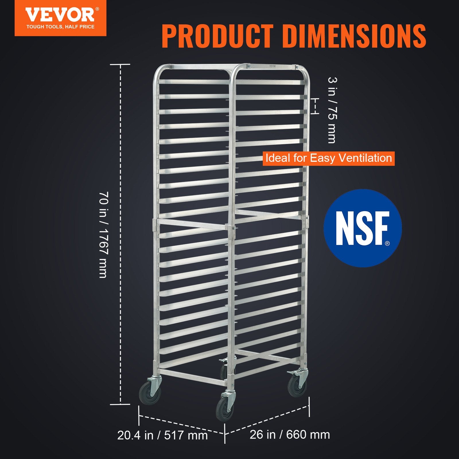 Bakeware & Accessories: VEVOR Bun Pan Rack, 20-Tier Commercial Bakery Racks with Brake Wheels, Aluminum Racking Trolley Storage for Half & Full Sheet, Speed Rack For Kitchen Home, Bread Baking Equipment, 660x517x1767 mm