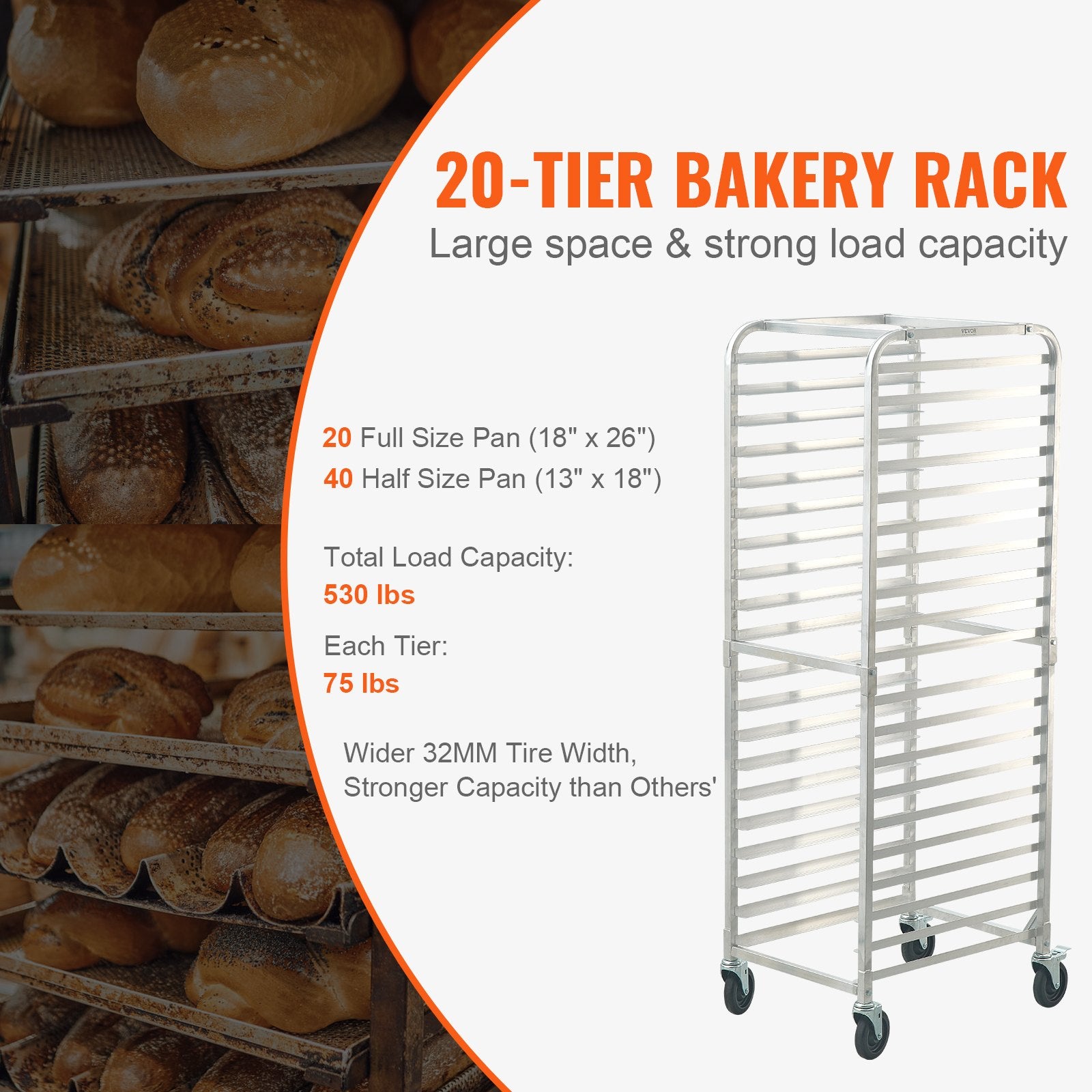 Bakeware & Accessories: VEVOR Bun Pan Rack, 20-Tier Commercial Bakery Racks with Brake Wheels, Aluminum Racking Trolley Storage for Half & Full Sheet, Speed Rack For Kitchen Home, Bread Baking Equipment, 660x517x1767 mm