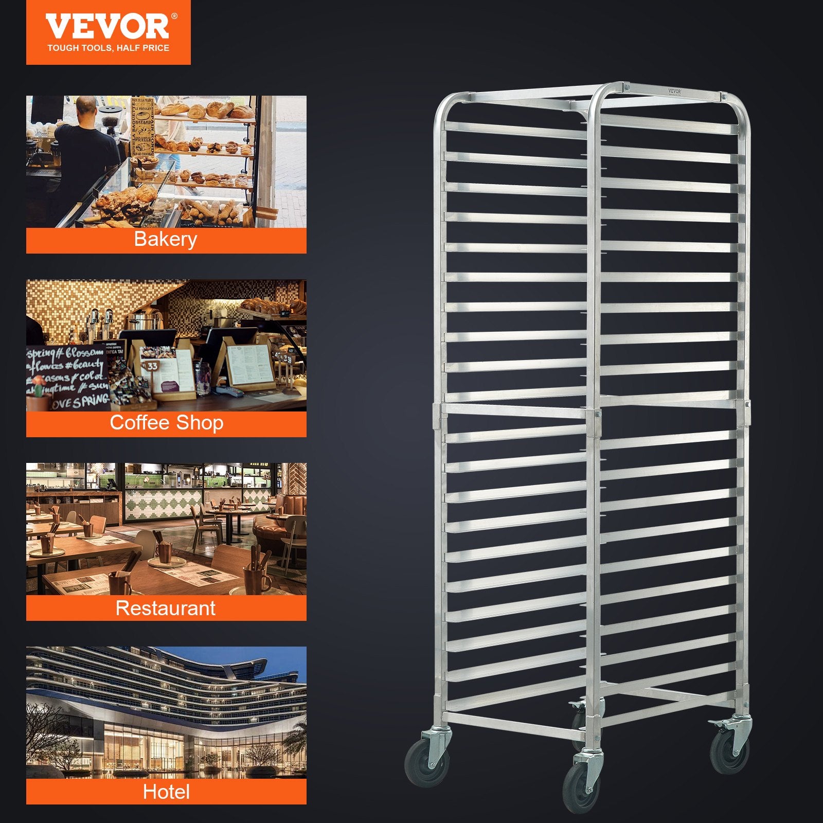 Bakeware & Accessories: VEVOR Bun Pan Rack, 20-Tier Commercial Bakery Racks with Brake Wheels, Aluminum Racking Trolley Storage for Half & Full Sheet, Speed Rack For Kitchen Home, Bread Baking Equipment, 660x517x1767 mm