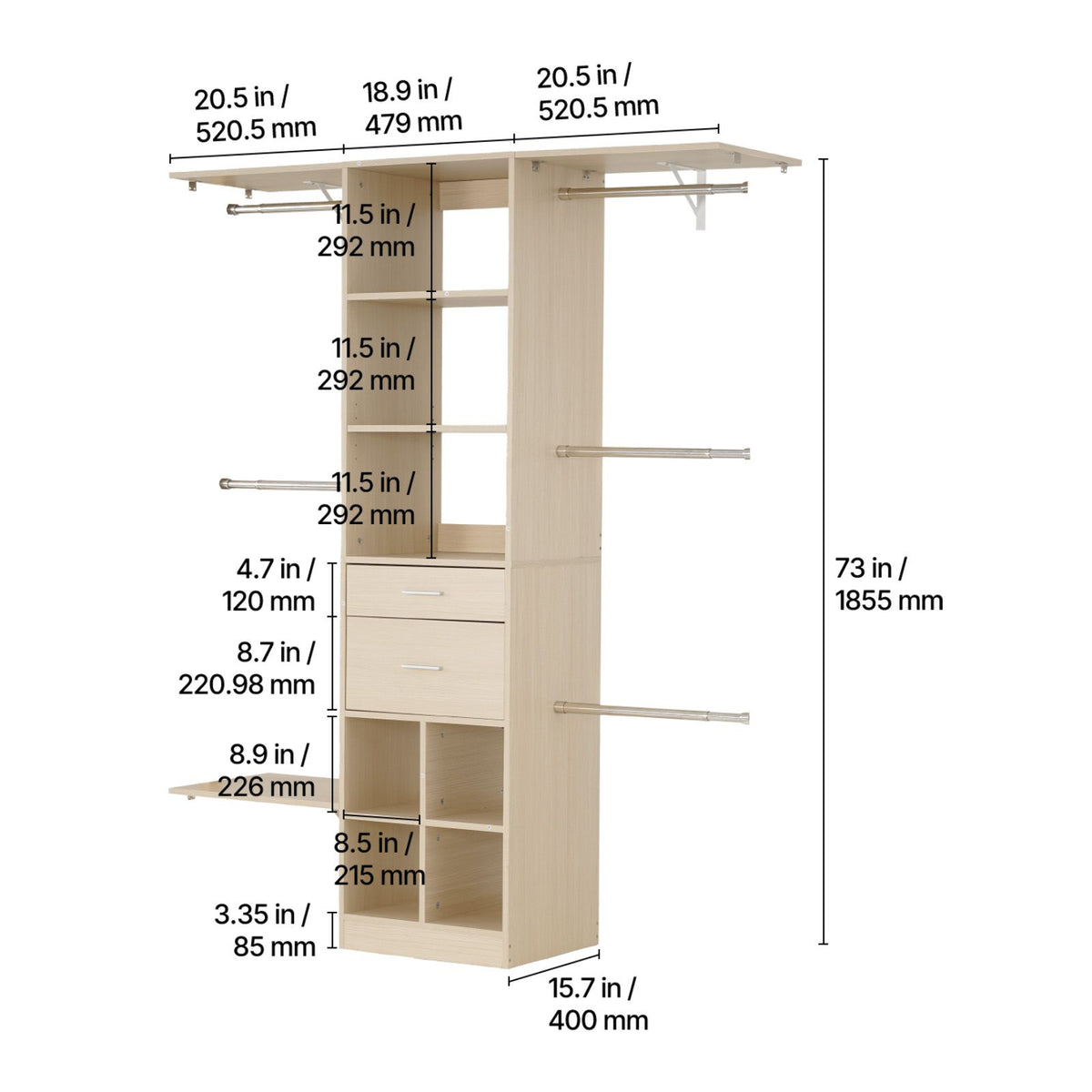 Closet System with 2 Drawers, Adjustable Height Wooden Closet Organizers, Modern Walk-in Wardrobe Organization with 5 Retractable Clothes Hanger Rods, Freestanding Garment Rack Storage, Grey