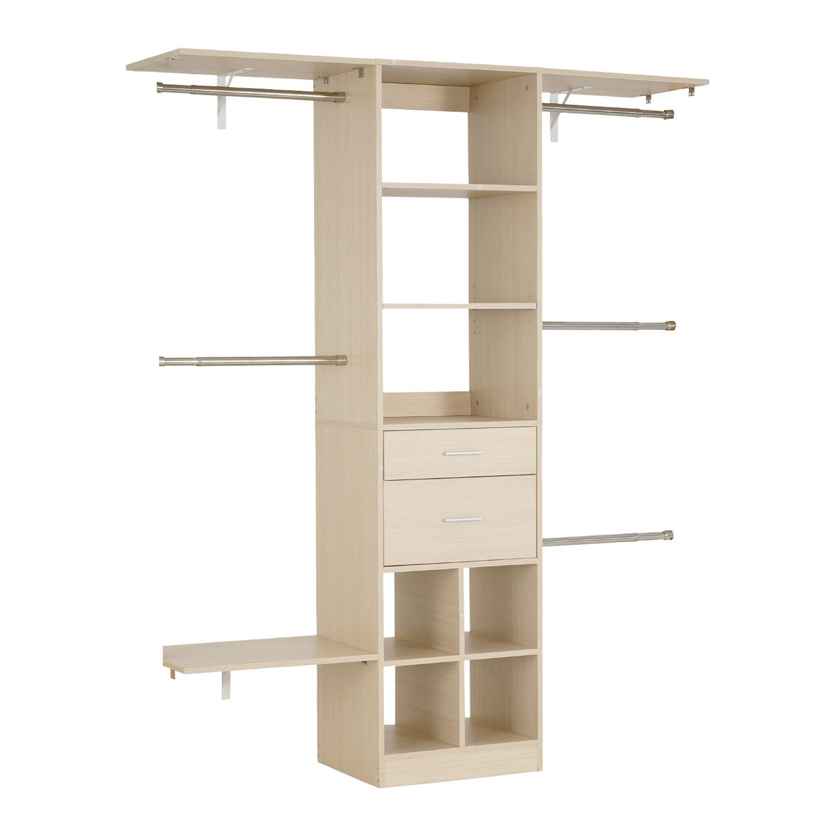 Closet System with 2 Drawers, Adjustable Height Wooden Closet Organizers, Modern Walk-in Wardrobe Organization with 5 Retractable Clothes Hanger Rods, Freestanding Garment Rack Storage, Grey