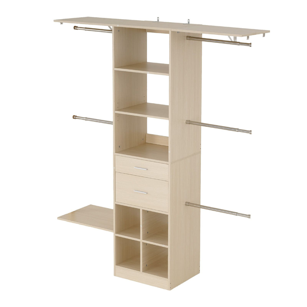 Closet System with 2 Drawers, Adjustable Height Wooden Closet Organizers, Modern Walk-in Wardrobe Organization with 5 Retractable Clothes Hanger Rods, Freestanding Garment Rack Storage, Grey