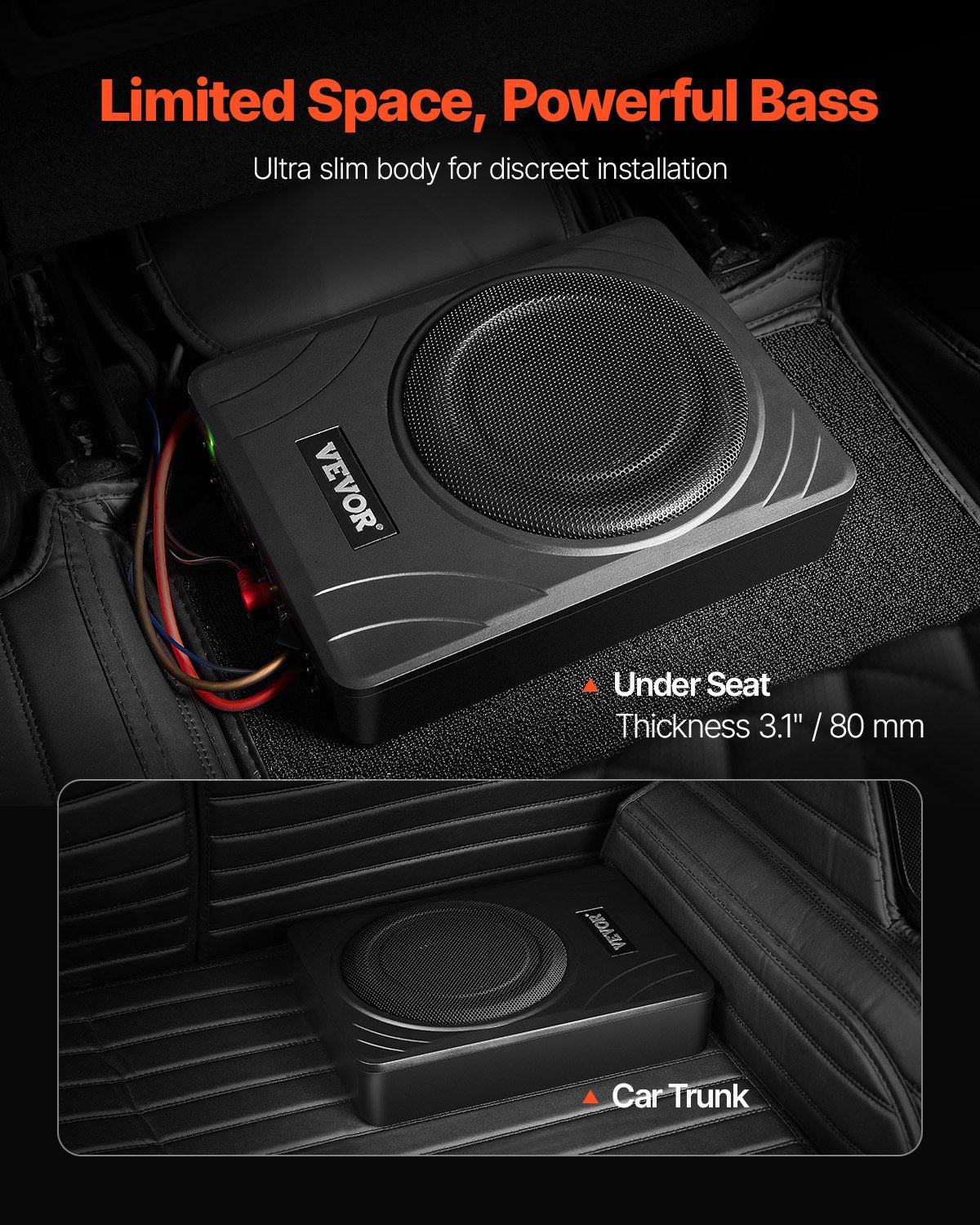 8" 300W Under Seat Car Subwoofer Slim Powered Car/Truck Subwoofer System