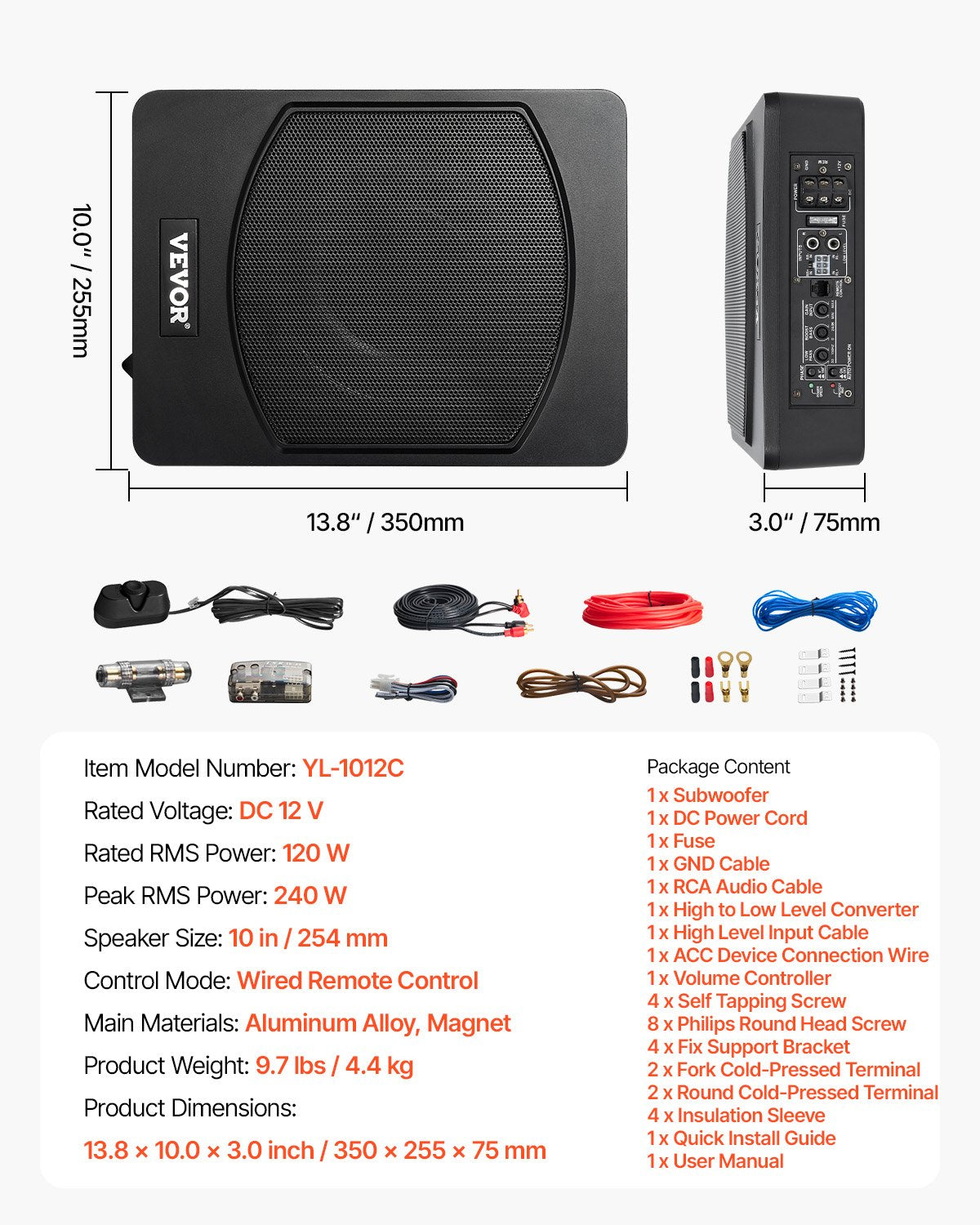 10" 240W Under Seat Car Subwoofer Slim Powered Car/Truck Subwoofer System