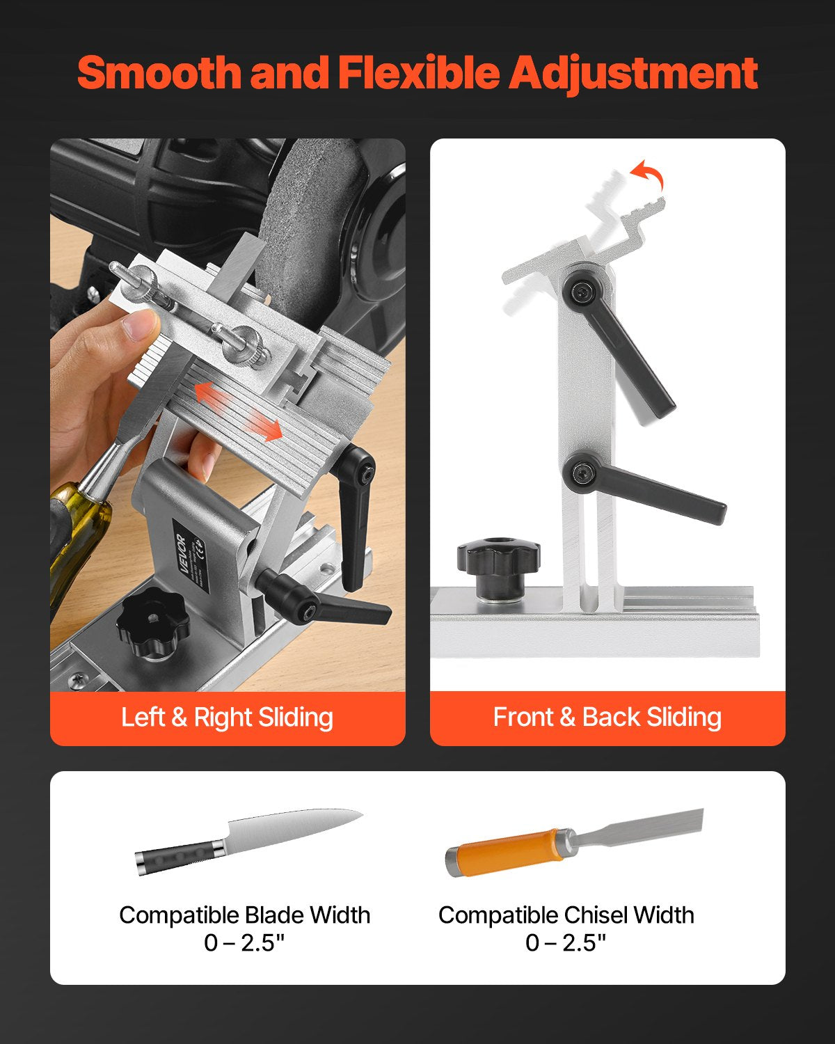 Sharpening Tool Rest Jig, Adjustable Replacement Tool Rest Sharpening Jig for 6" or 8" (152 mm or 203 mm) Bench Grinders â€“ with Flat Miter Slide for 0â€“2.5 inch (0â€“64 mm) Wide Blades and Chisels