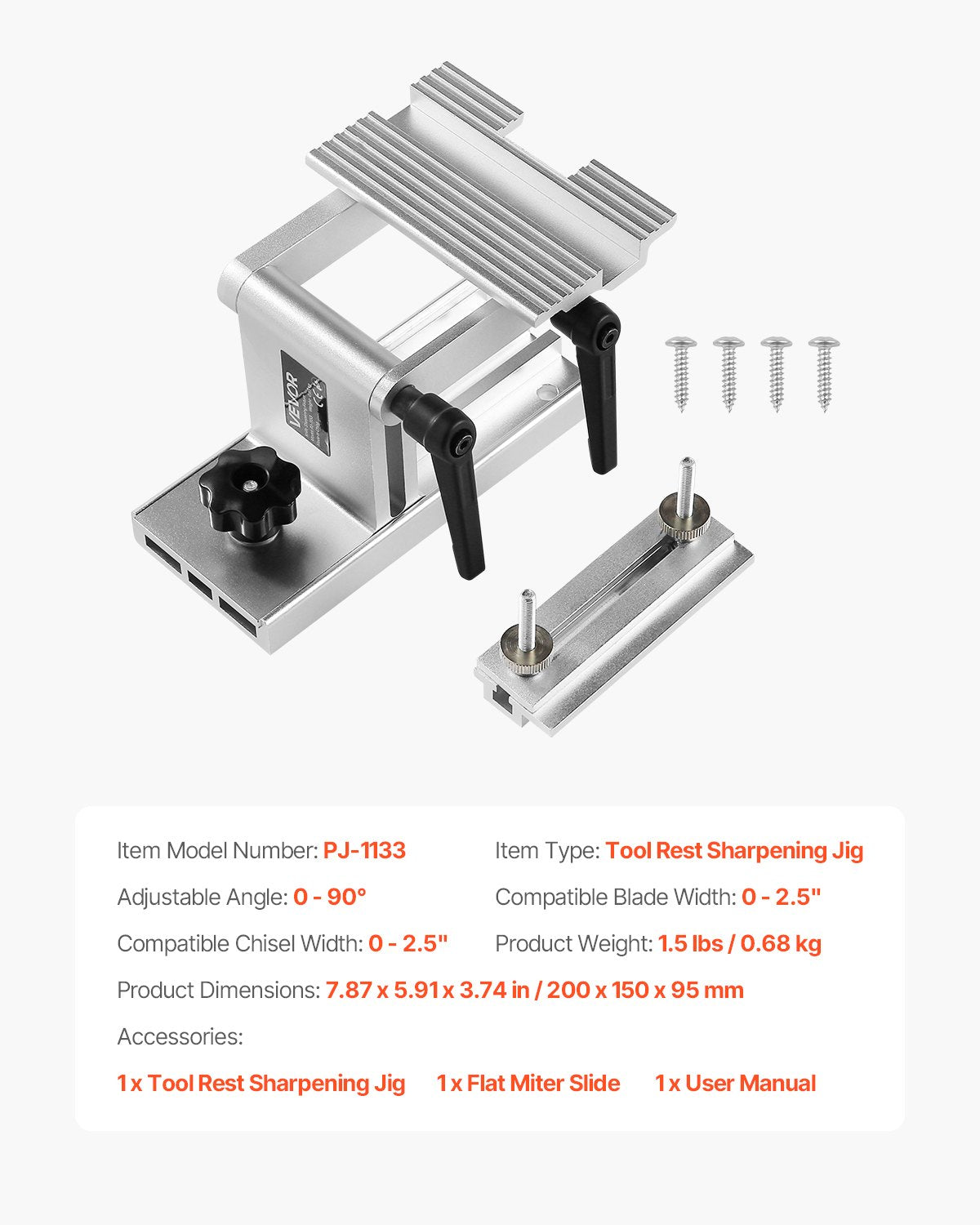 Sharpening Tool Rest Jig, Adjustable Replacement Tool Rest Sharpening Jig for 6" or 8" (152 mm or 203 mm) Bench Grinders â€“ with Flat Miter Slide for 0â€“2.5 inch (0â€“64 mm) Wide Blades and Chisels