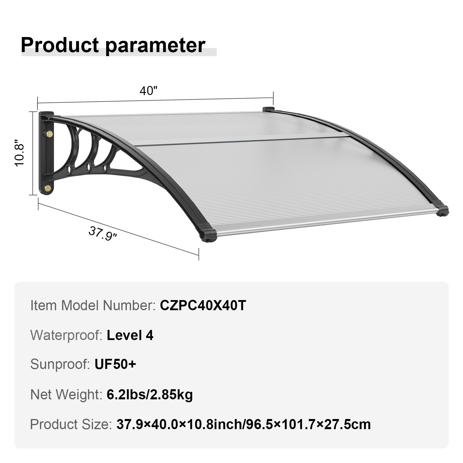 Awnings: VEVOR Window Door Awning Canopy 40" x 40", UPF 50+ Polycarbonate Entry Door Outdoor Window Awning Exterior, Front Door Overhang Awning for Sun Shutter, UV, Rain, Snow Protection, Hollow Sheet