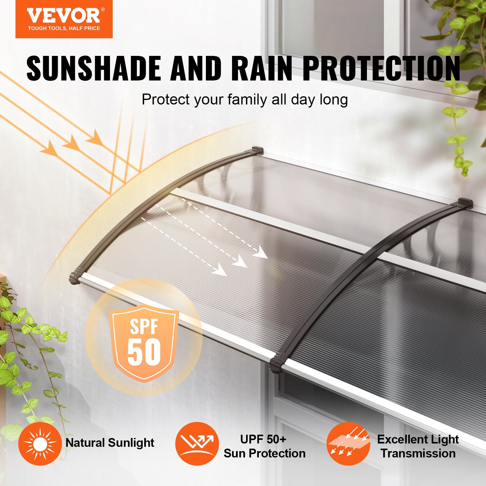 Awnings: VEVOR Window Door Awning Canopy 965 x 1987 mm, UPF 50+ Polycarbonate Entry Door Outdoor Window Awning Exterior, Front Door Overhang Awning for Sun Shutter, UV, Rain, Snow Protection, Hollow Sheet