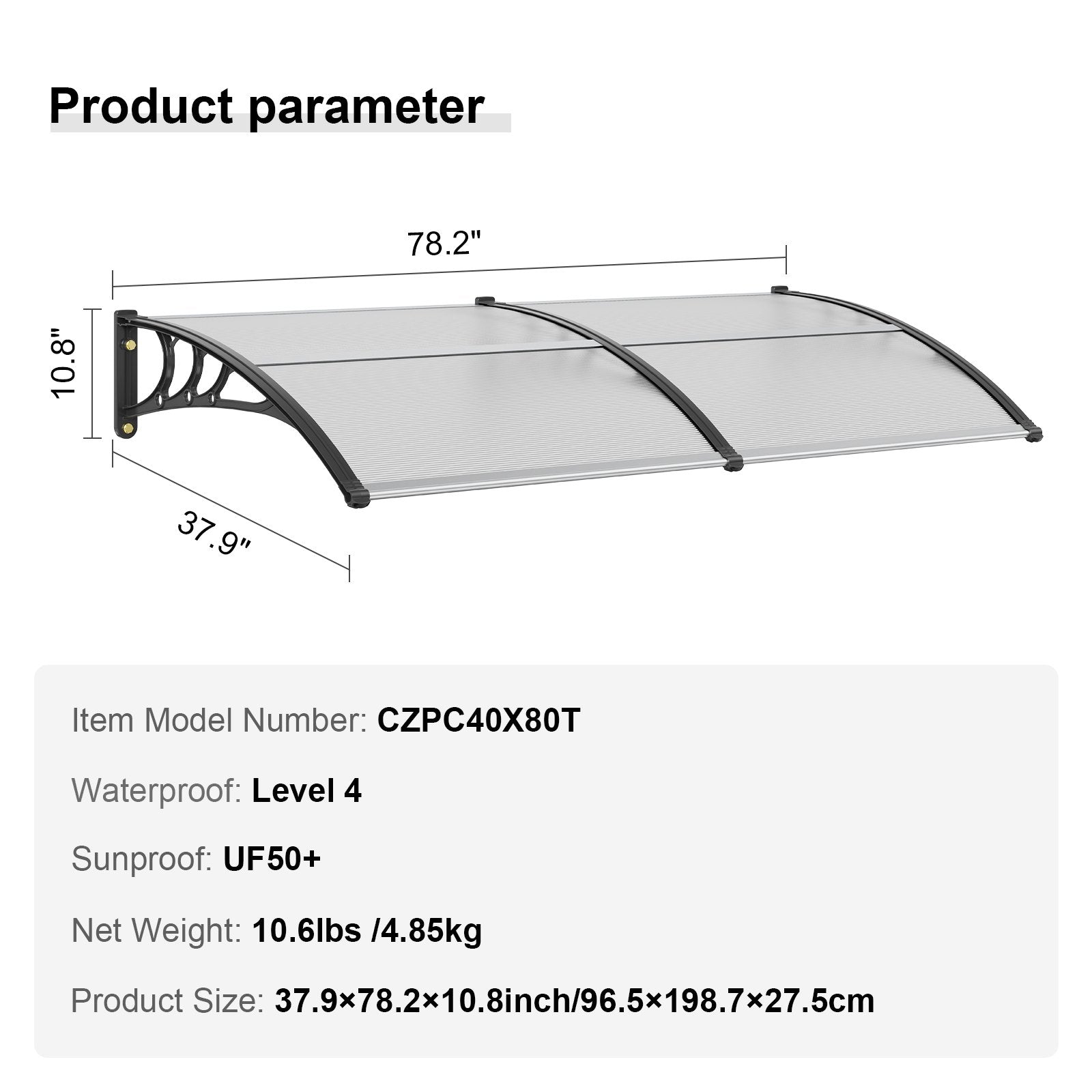 Awnings: VEVOR Window Door Awning Canopy 965 x 1987 mm, UPF 50+ Polycarbonate Entry Door Outdoor Window Awning Exterior, Front Door Overhang Awning for Sun Shutter, UV, Rain, Snow Protection, Hollow Sheet