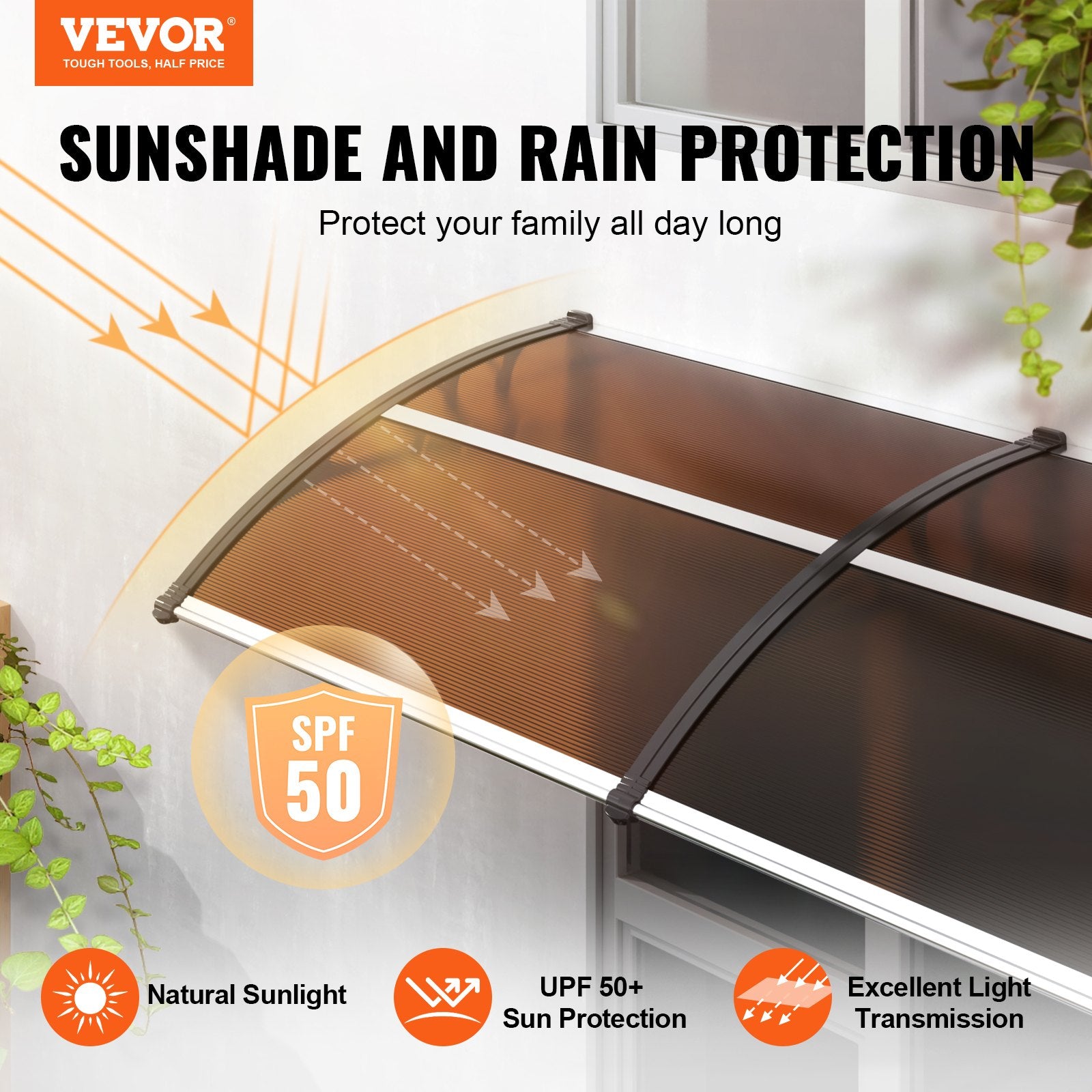Awnings: VEVOR Window Door Awning Canopy 40" x 40", UPF 50+ Polycarbonate Entry Door Outdoor Window Awning Exterior, Front Door Overhang Awning for Sun Shutter, UV, Rain, Snow Protection, Hollow Sheet