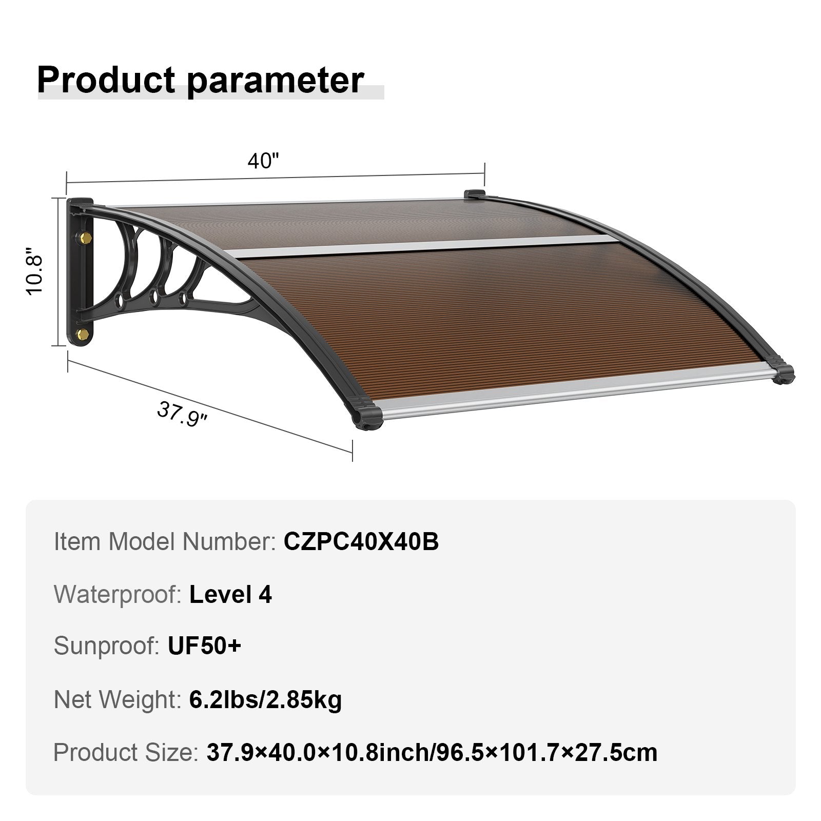 Awnings: VEVOR Window Door Awning Canopy 40" x 40", UPF 50+ Polycarbonate Entry Door Outdoor Window Awning Exterior, Front Door Overhang Awning for Sun Shutter, UV, Rain, Snow Protection, Hollow Sheet