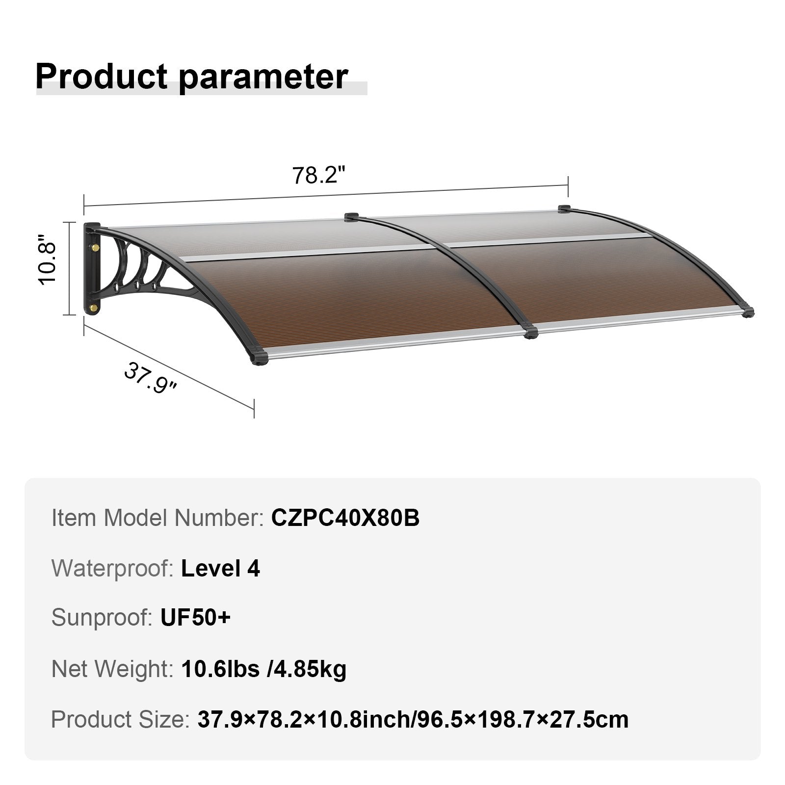 Awnings: VEVOR Window Door Awning Canopy 965 x 1987 mm, UPF 50+ Polycarbonate Entry Door Outdoor Window Awning Exterior, Front Door Overhang Awning for Sun Shutter, UV, Rain, Snow Protection, Hollow Sheet