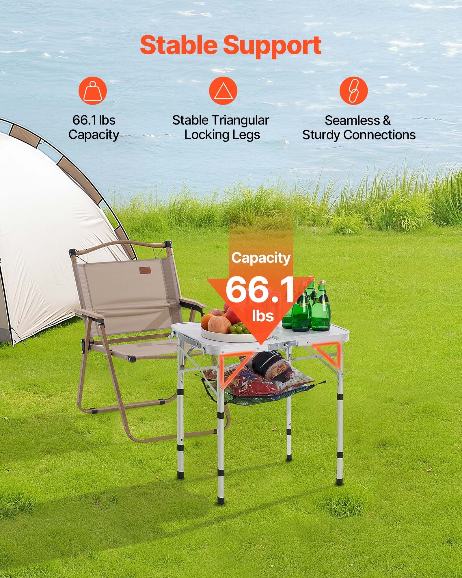 Outdoor Sofas & Lounge Sets: VEVOR Folding Camping Table, Adjustable Height Portable Side Tables, Aluminum MDF Beach Table with Mesh Layer, Carrying Handle, Lightweight Compact for Outdoor Picnic BBQ Cooking, 24x16in, Silver