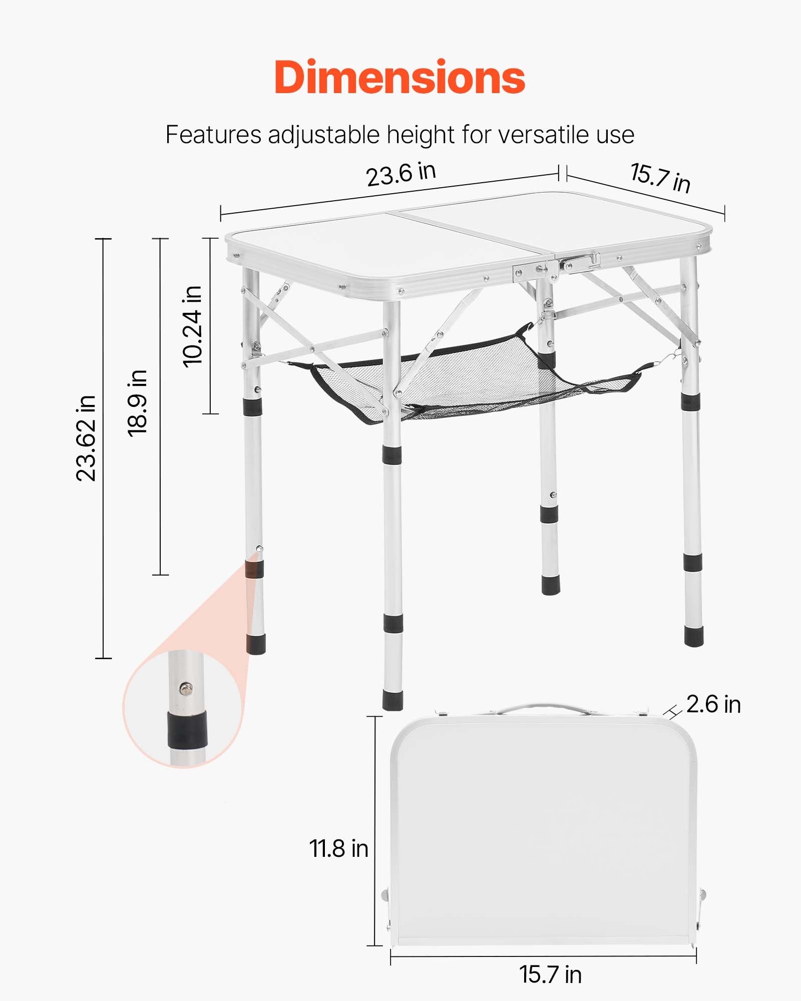 Outdoor Sofas & Lounge Sets: VEVOR Folding Camping Table, Adjustable Height Portable Side Tables, Aluminum MDF Beach Table with Mesh Layer, Carrying Handle, Lightweight Compact for Outdoor Picnic BBQ Cooking, 24x16in, Silver