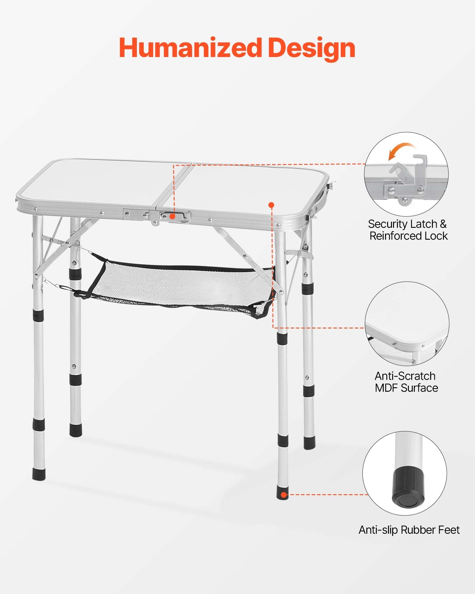 Outdoor Sofas & Lounge Sets: VEVOR Folding Camping Table, Adjustable Height Portable Side Tables, Aluminum MDF Beach Table with Mesh Layer, Carrying Handle, Lightweight Compact for Outdoor Picnic BBQ Cooking, 24x16in, Silver