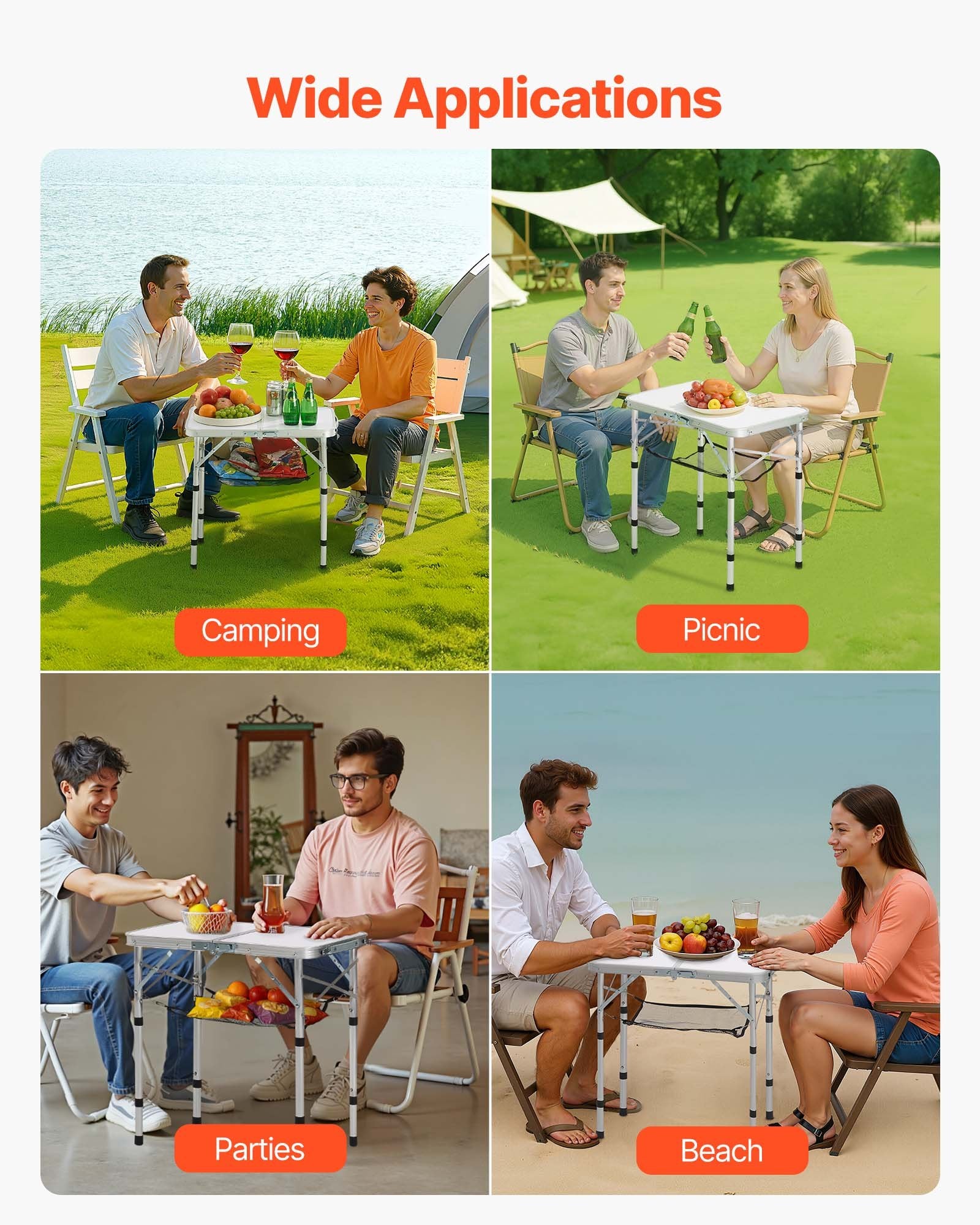 Outdoor Sofas & Lounge Sets: VEVOR Folding Camping Table, Adjustable Height Portable Side Tables, Aluminum MDF Beach Table with Mesh Layer, Carrying Handle, Lightweight Compact for Outdoor Picnic BBQ Cooking, 24x16in, Silver