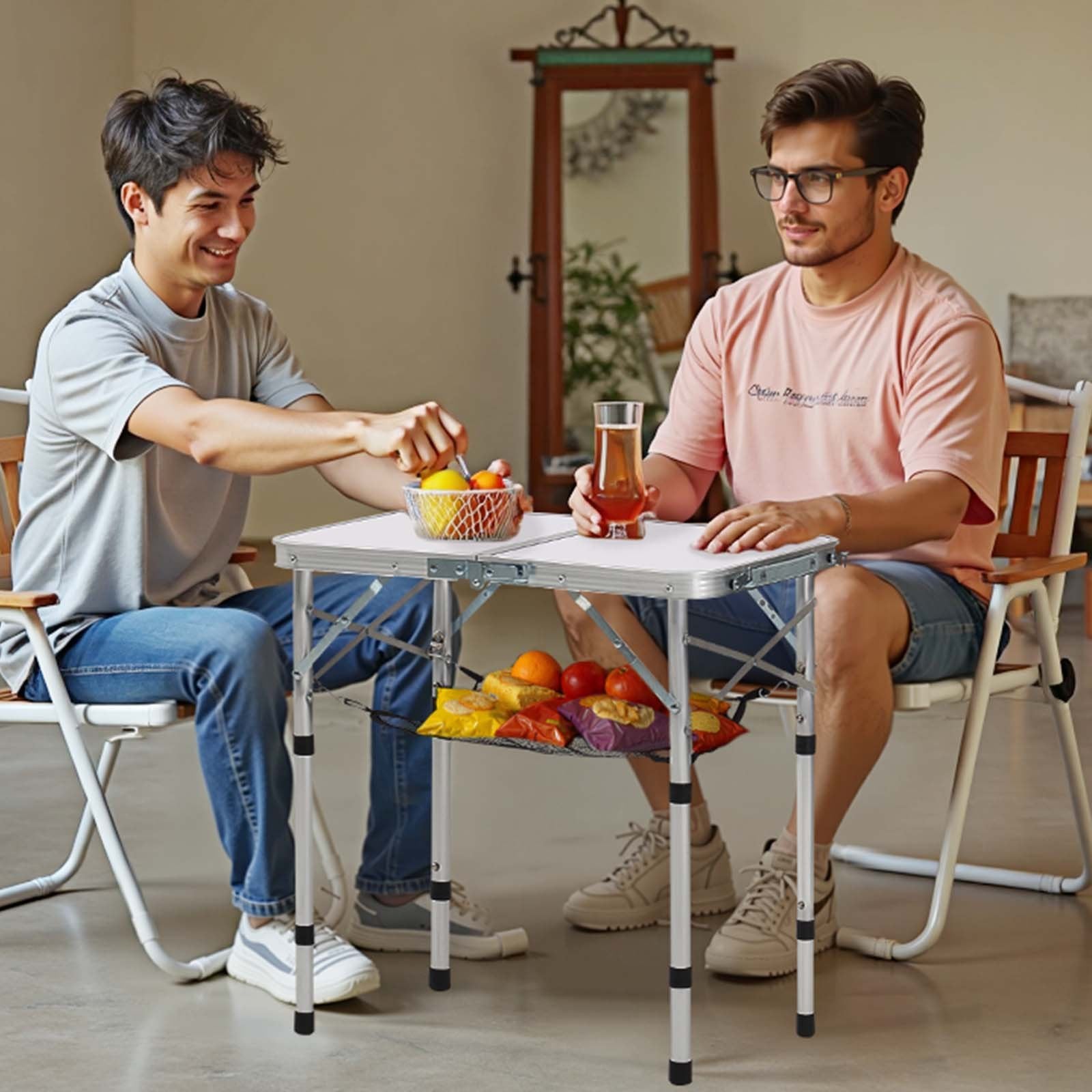 Outdoor Sofas & Lounge Sets: VEVOR Folding Camping Table, Adjustable Height Portable Side Tables, Aluminum MDF Beach Table with Mesh Layer, Carrying Handle, Lightweight Compact for Outdoor Picnic BBQ Cooking, 24x16in, Silver
