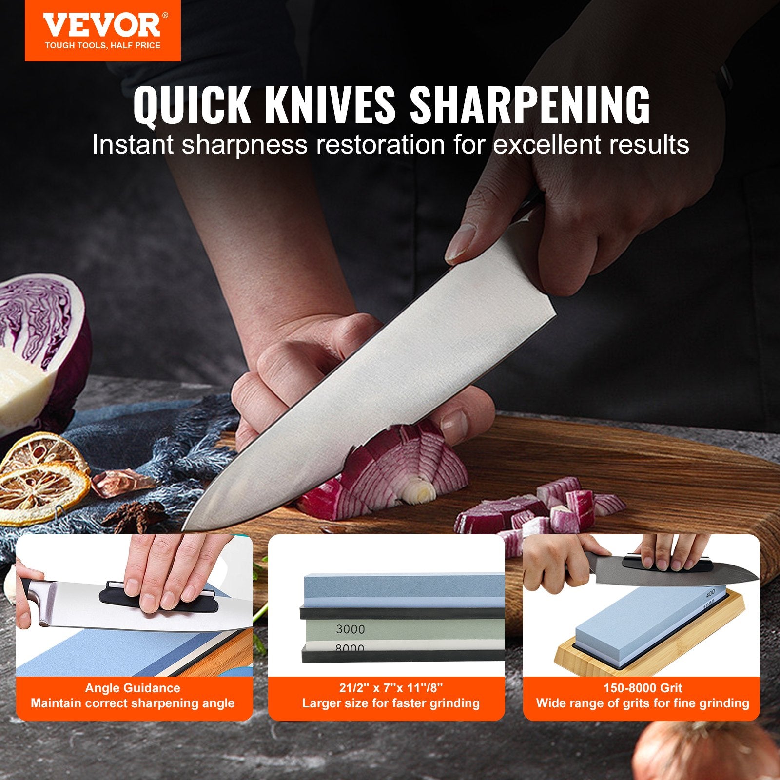 Saw Accessories: VEVOR Whetstone Knife Sharpening Kit, 2 Dual-Sided Grit Whetstones 400/1000 3000/8000, 10PCS Knife Sharpener Kit with 3 Non-Slip Bases, Angle & Honing Guide, Flattening Stone for All Knives, Scissors