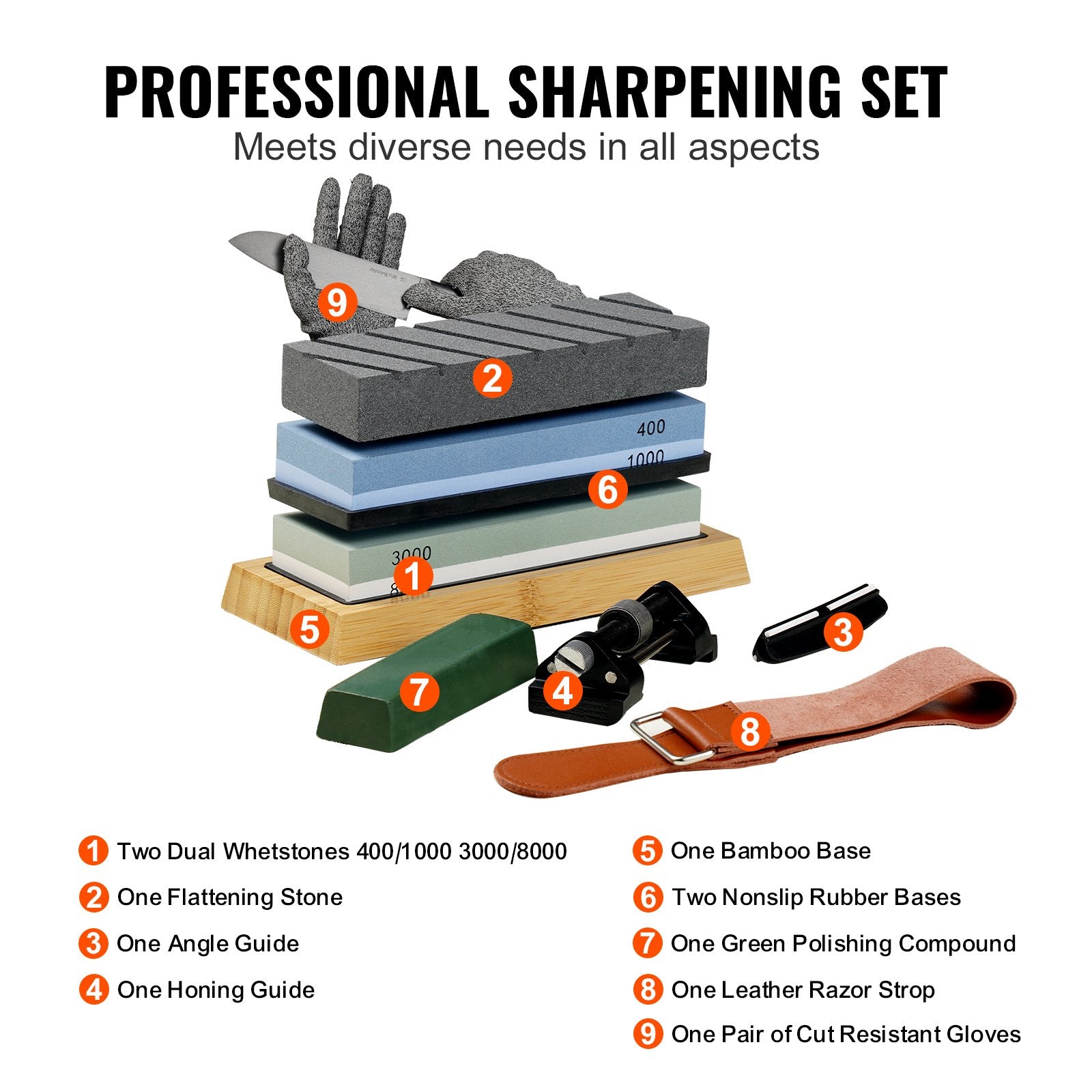 Saw Accessories: VEVOR Whetstone Knife Sharpening Kit, 2 Dual-Sided Grit Whetstones 400/1000 3000/8000, 10PCS Knife Sharpener Kit with 3 Non-Slip Bases, Angle & Honing Guide, Flattening Stone for All Knives, Scissors