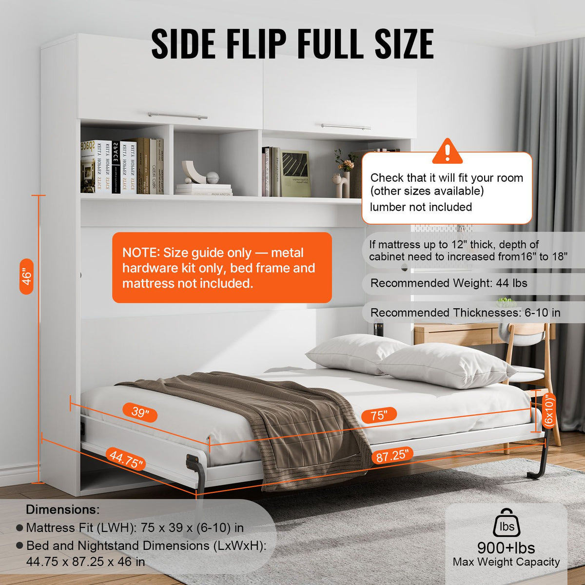 Murphy Bed Kit, Twin Size, Deluxe DIY Wall Bed Mechanical Hardware Kit, Pneumatic Lever Heavy Duty Bed Frame Support, Folding Cabinet Wall Bed Space Saving Design for Guestroom, Easy to Build