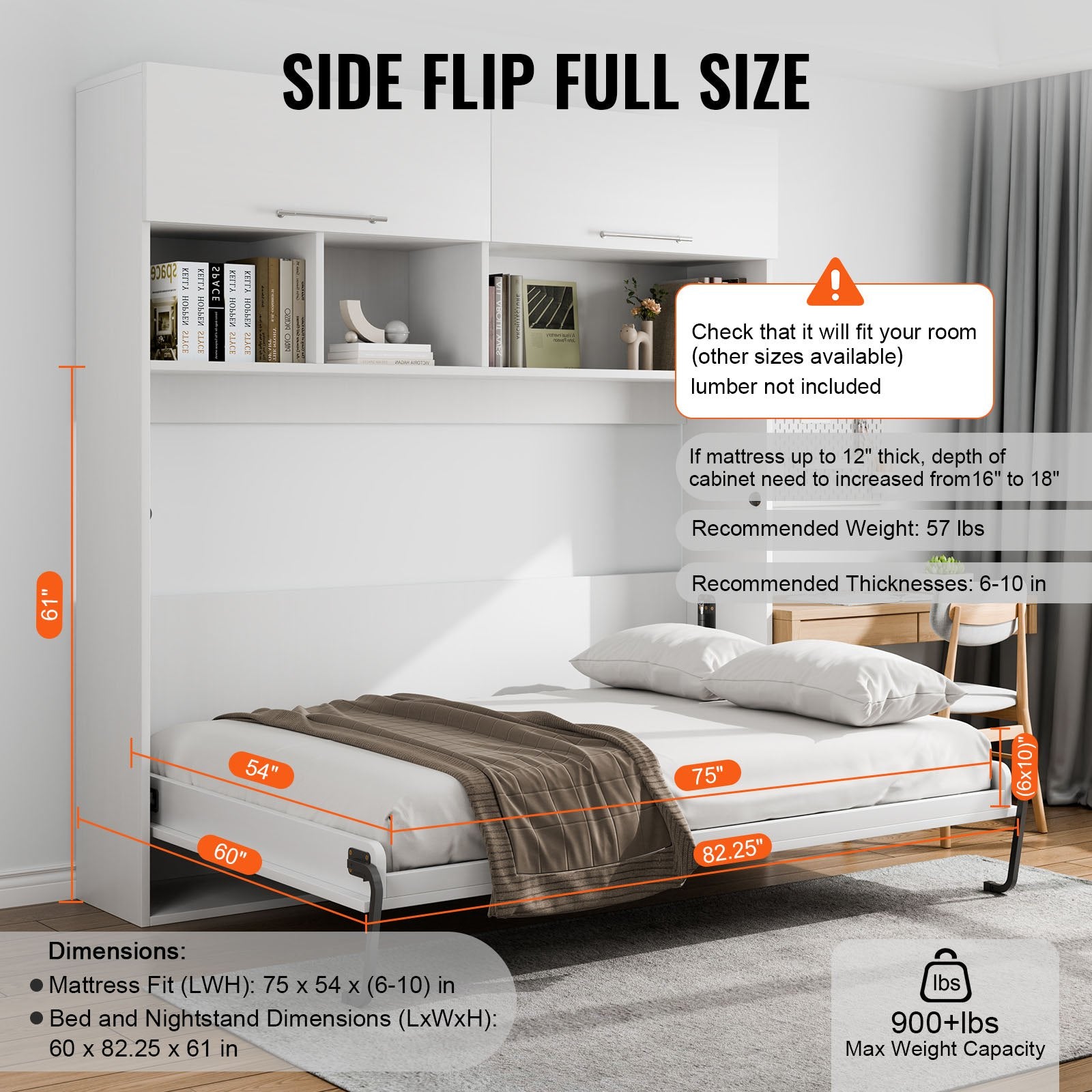 Side Tables: VEVOR Murphy Bed Kit, Full Size, Deluxe DIY Wall Bed Mechanical Hardware Kit, Pneumatic Lever Heavy Duty Bed Frame Support, Folding Cabinet Wall Bed Space Saving Design for Guestroom, Easy to Build