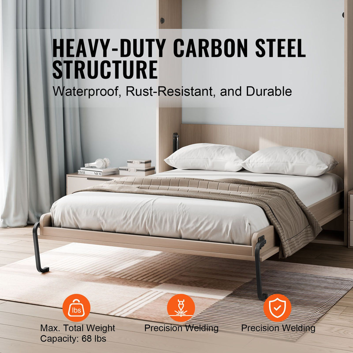 Murphy Bed Kit, Queen Size, Vertical Deluxe DIY Wall Bed Mechanical Hardware Kit, Pneumatic Lever Heavy Duty Bed Frame Support, Folding Cabinet Wall Bed Space Saving Design for Guestroom
