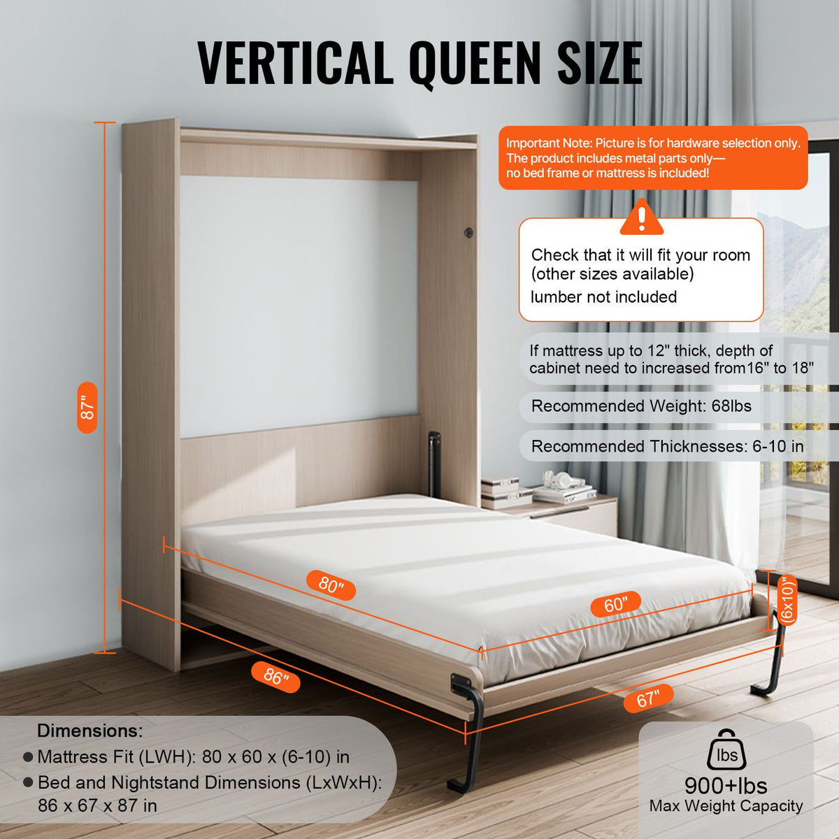 Murphy Bed Kit, Queen Size, Vertical Deluxe DIY Wall Bed Mechanical Hardware Kit, Pneumatic Lever Heavy Duty Bed Frame Support, Folding Cabinet Wall Bed Space Saving Design for Guestroom