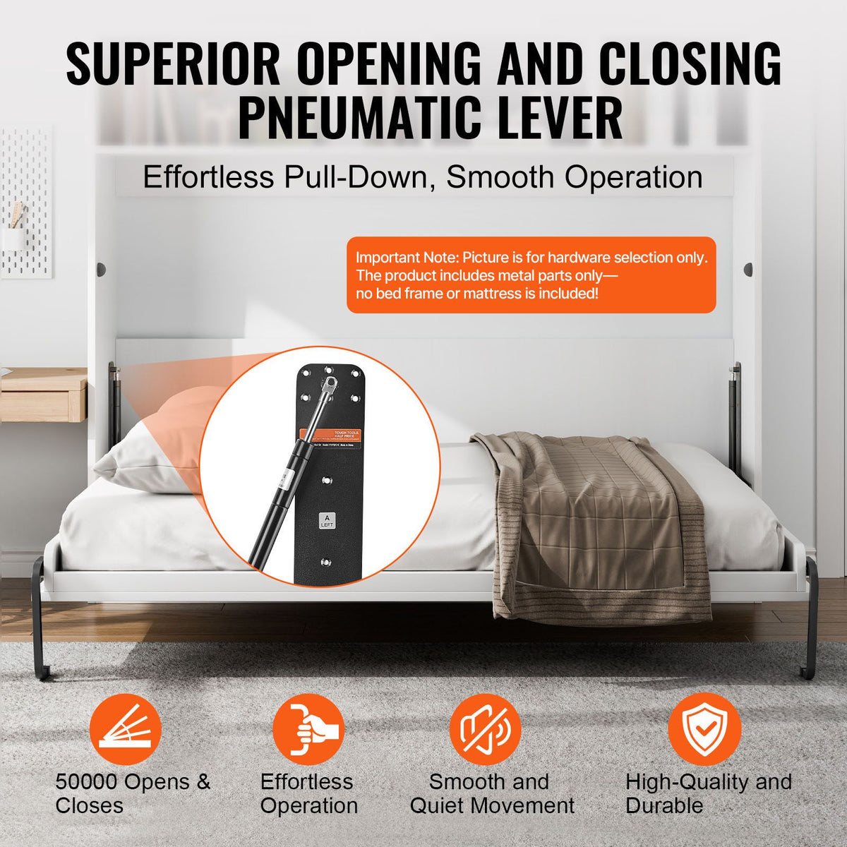 Murphy Bed Kit, Queen Size, Vertical Deluxe DIY Wall Bed Mechanical Hardware Kit, Pneumatic Lever Heavy Duty Bed Frame Support, Folding Cabinet Wall Bed Space Saving Design for Guestroom