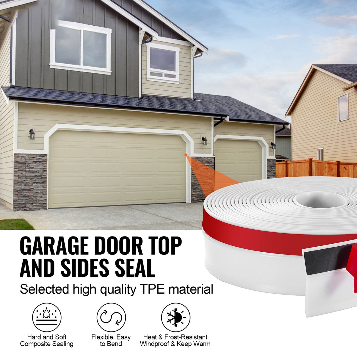 Garage Door Seal Top and Sides Seal Strip, 34 FT Universal Weather Stripping Replacement Soft and Hard Composite, Weatherproofing Garage Door TPE Seals with Adhesive Backed and Screws, White