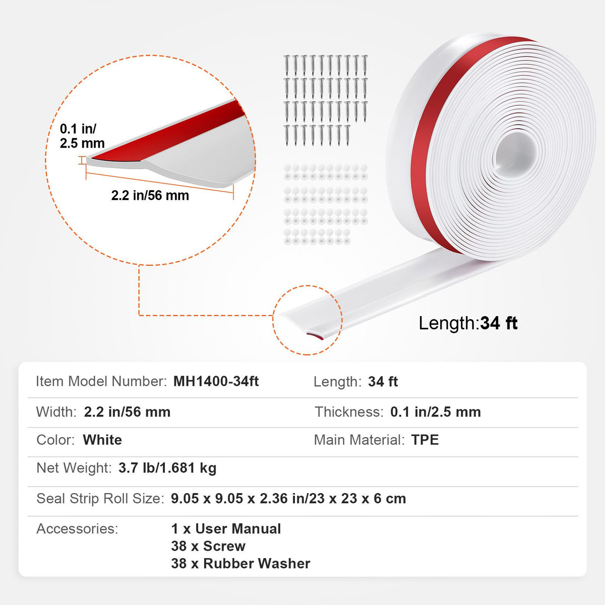 Garage Door Seal Top and Sides Seal Strip, 34 FT Universal Weather Stripping Replacement Soft and Hard Composite, Weatherproofing Garage Door TPE Seals with Adhesive Backed and Screws, White