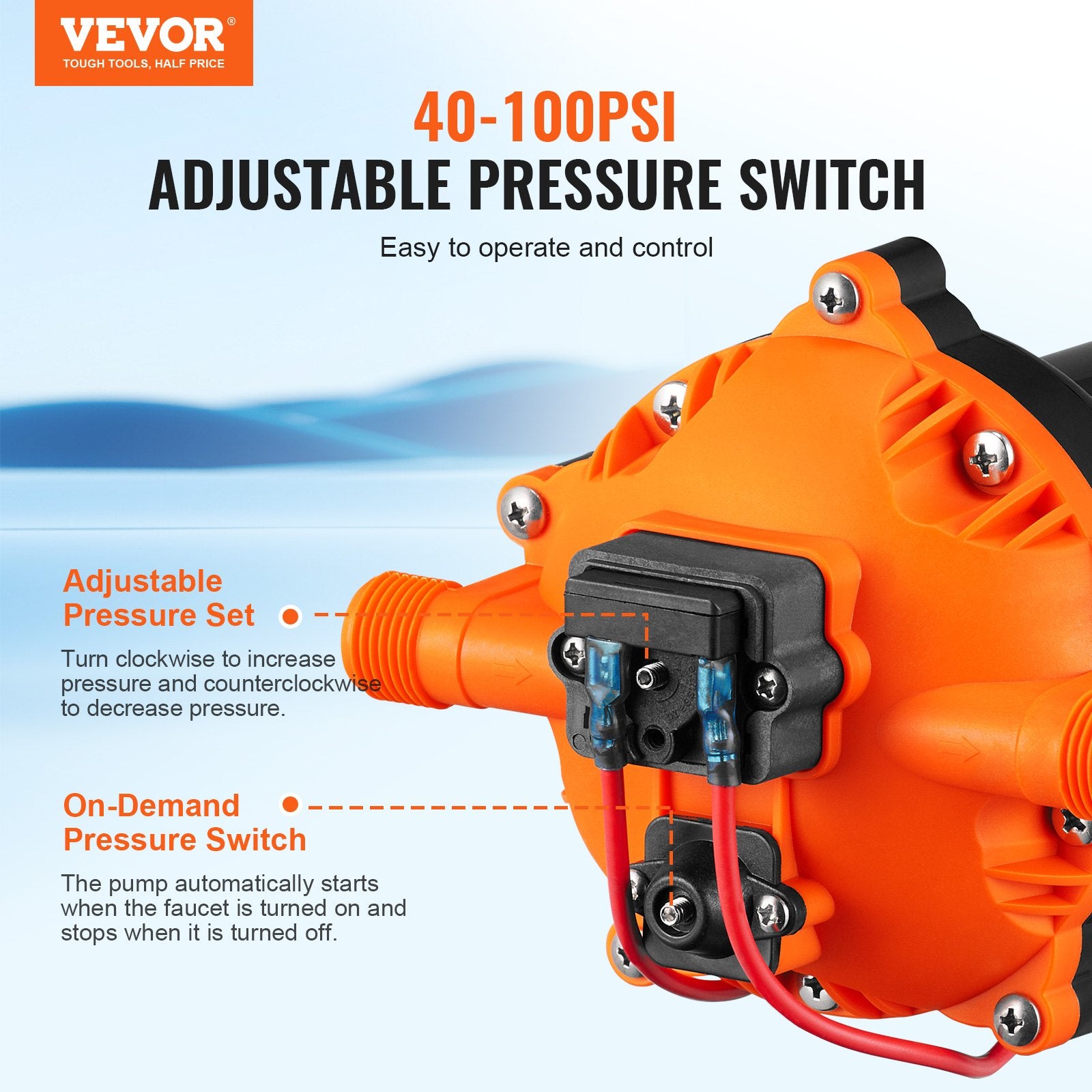 Gardening Tools: VEVOR Water Diaphragm Pump, 20.8 LPM Flow, 4.8 bar Rated Pressure (2.8-6.9 bar Adjustable), 12.7 mm MNPT Self Priming Sprayer Pump with Pressure Switch for RV Camper Marine Boat Lawn, FCC Certified