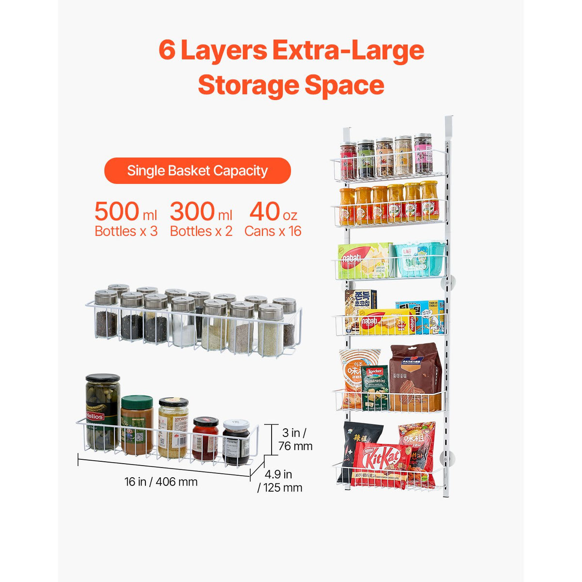 Over the Door Pantry Organizer, 6-Tier Pantry Organization and Storage, Heavy-Duty Steel Hanging Spice Rack, Adjustable Wall Seasoning Shelves, for Home Kitchen Laundry Room Bathroom, White