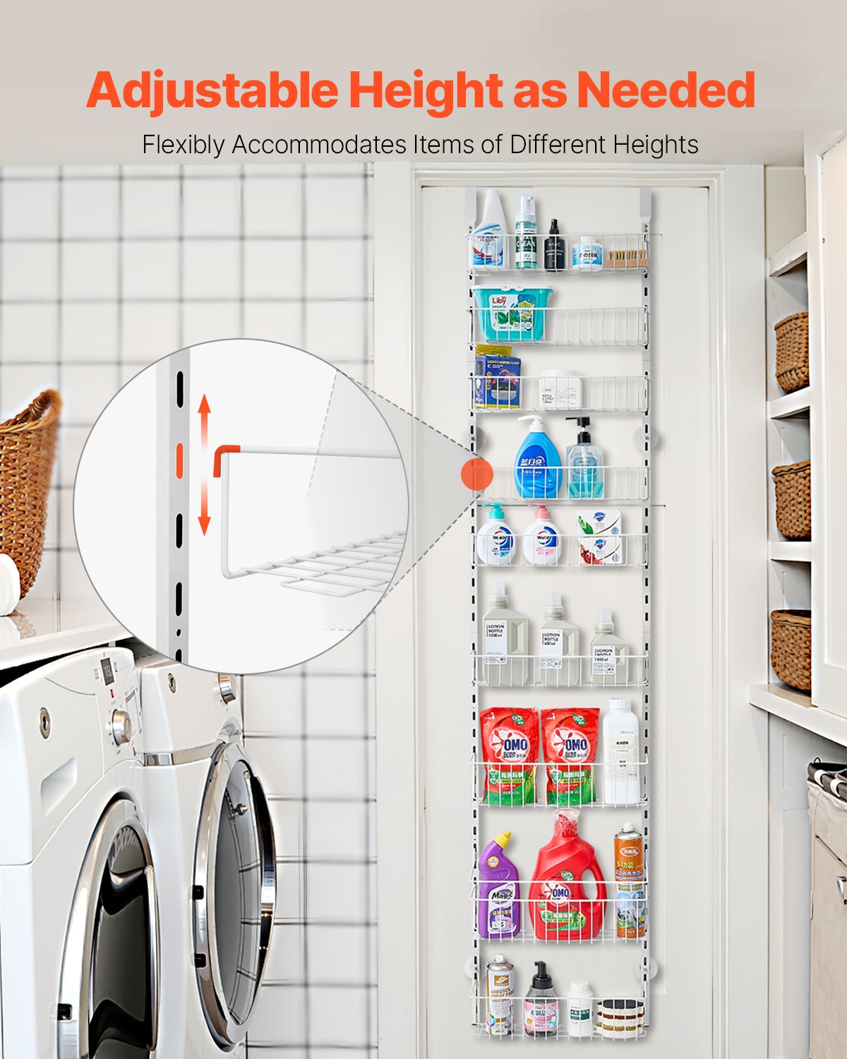 Over the Door Pantry Organizer, 9-Tier Pantry Organization and Storage, Heavy-Duty Steel Hanging Spice Rack, Adjustable Wall Seasoning Shelves, for Home Kitchen Laundry Room Bathroom, White