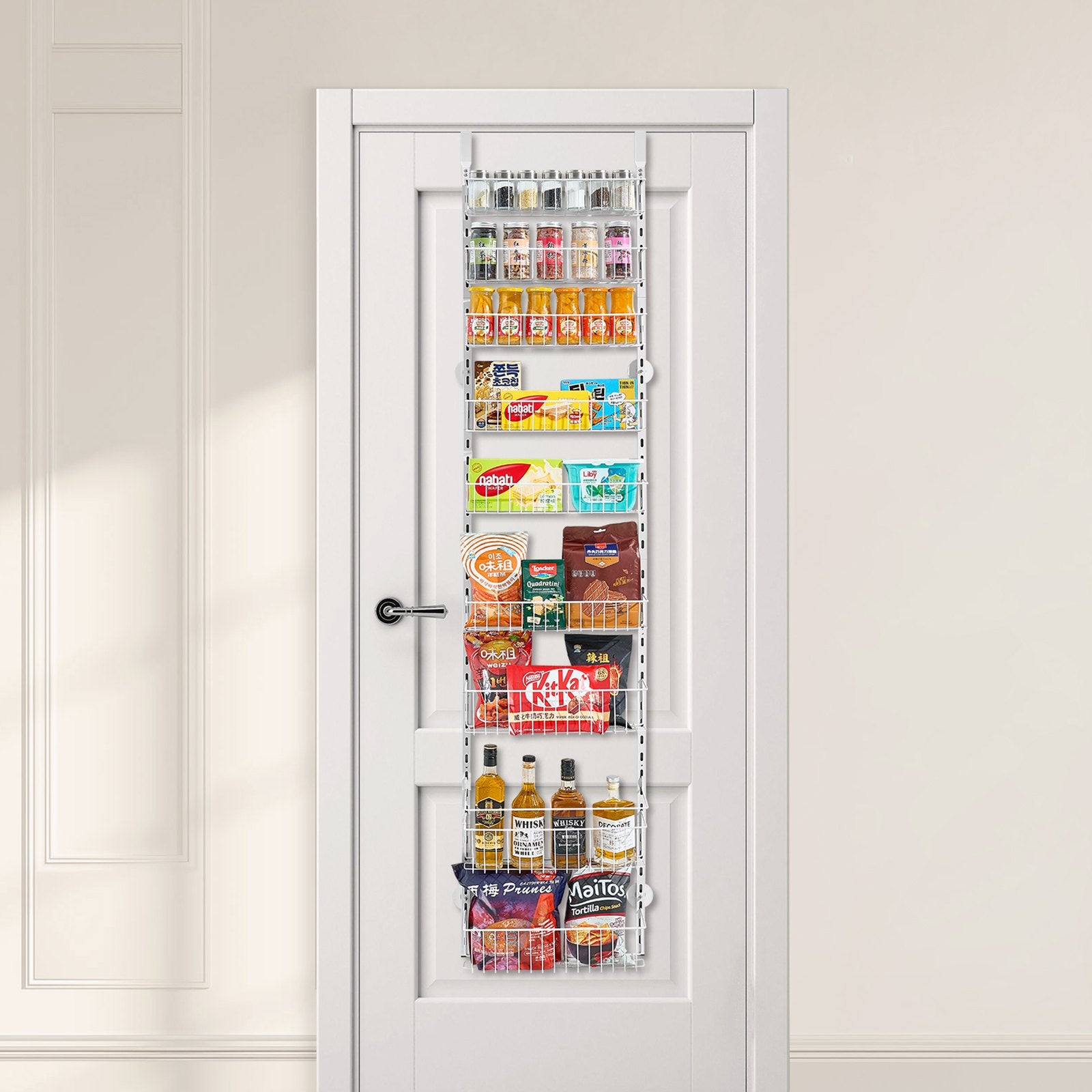 Over the Door Pantry Organizer, 9-Tier Pantry Organization and Storage, Heavy-Duty Steel Hanging Spice Rack, Adjustable Wall Seasoning Shelves, for Home Kitchen Laundry Room Bathroom, White