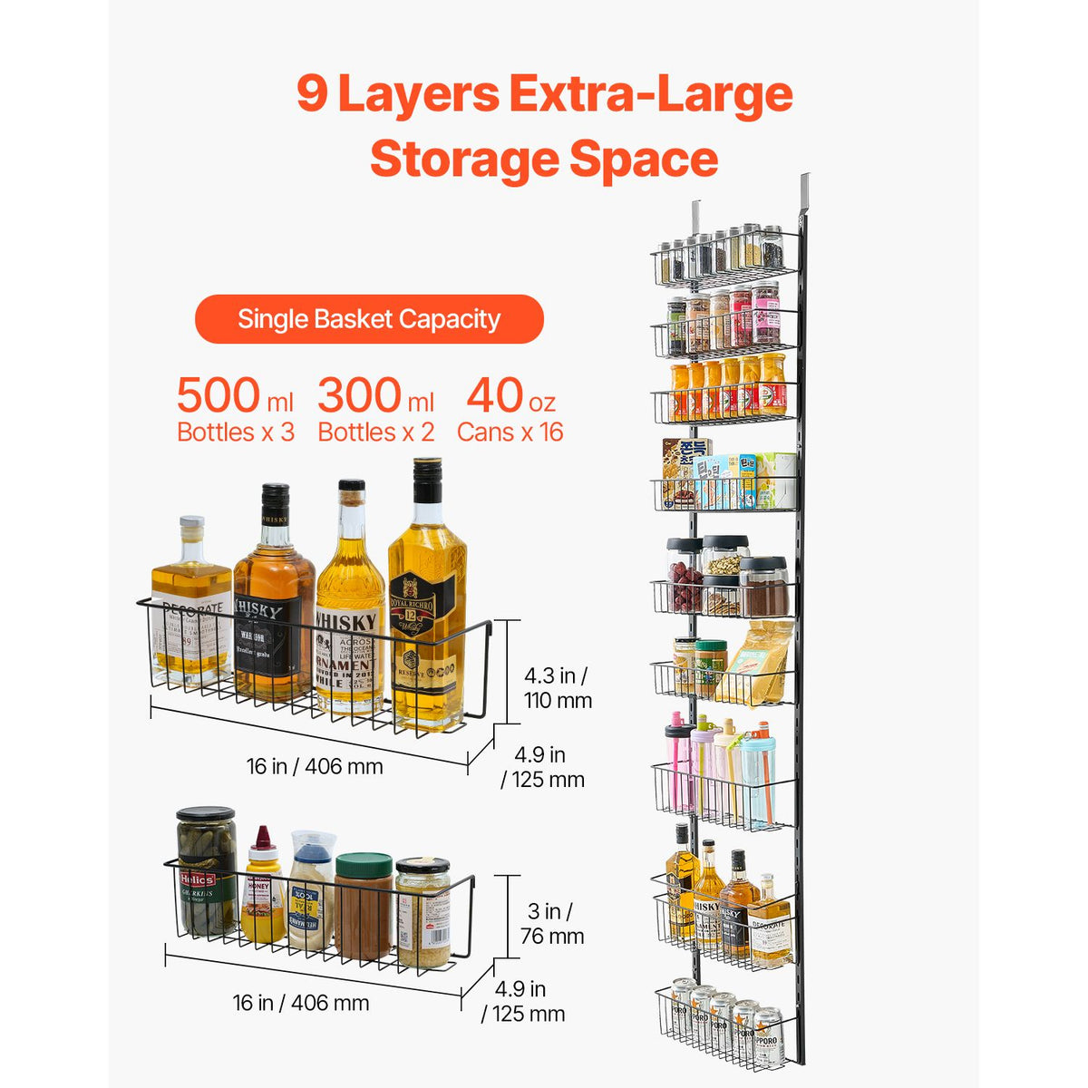 Over the Door Pantry Organizer, 9-Tier Pantry Organization and Storage, Heavy-Duty Steel Hanging Spice Rack, Adjustable Wall Seasoning Shelves, for Home Kitchen Laundry Room Bathroom, Black