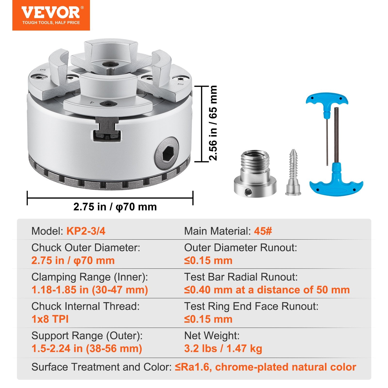 Calculators: VEVOR KP2-3/4 Lathe Chuck, 4-Jaw 70 mm Diameter, Metal Lathe Chuck Turning Machine Accessories, Self-centering Tool, for Lathe, Precision Machining, Grinding Machines, Milling Machines