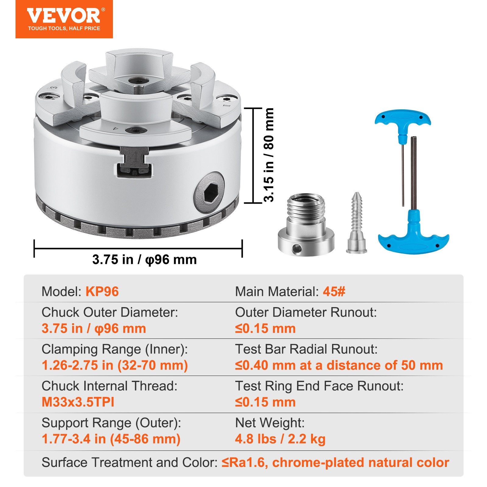 Calculators: VEVOR KP96 Lathe Chuck, 4-Jaw 96 mm Diameter, Metal Lathe Chuck Turning Machine Accessories, Self-centering Tool, for Lathe, Precision Machining, Grinding Machines, Milling Machines