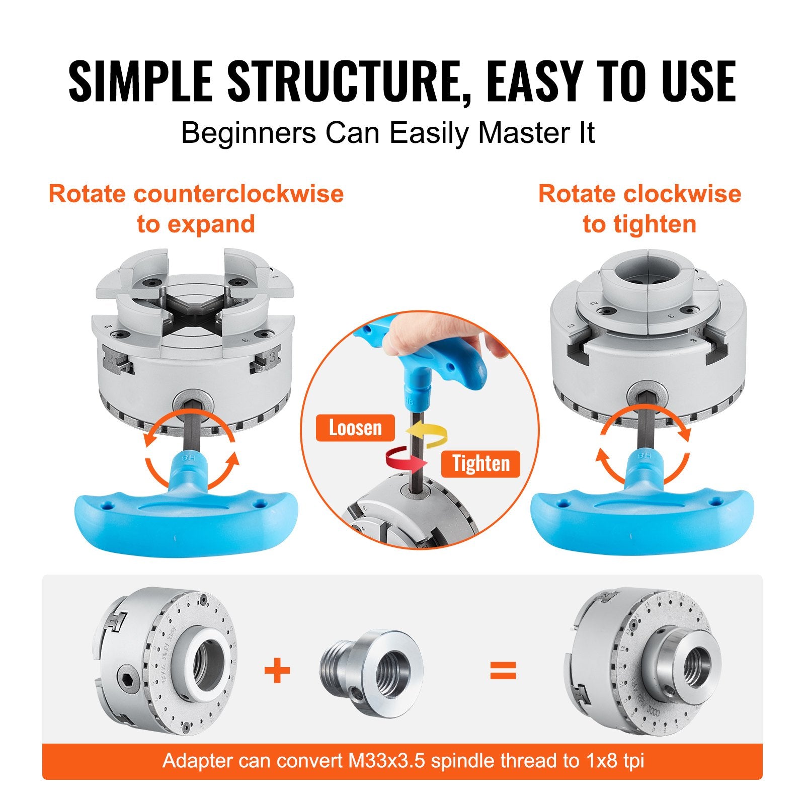 Putty Knives, Scrapers & Chisels: VEVOR KP965 Lathe Chuck, 4-Jaw 96 mm Diameter, Metal Lathe Chuck Turning Machine Accessories with 5 Sets of Jaws, Self-centering Tool, for Precision Machining, Grinding Machines, Milling Machines