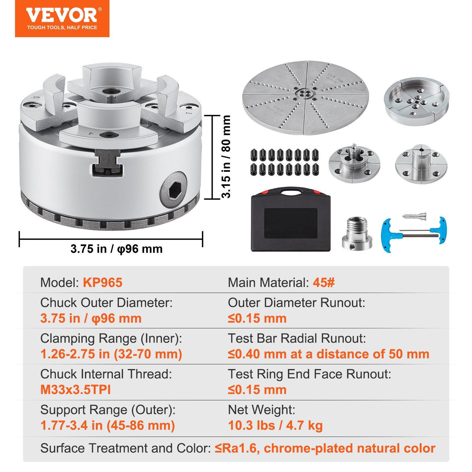 Putty Knives, Scrapers & Chisels: VEVOR KP965 Lathe Chuck, 4-Jaw 96 mm Diameter, Metal Lathe Chuck Turning Machine Accessories with 5 Sets of Jaws, Self-centering Tool, for Precision Machining, Grinding Machines, Milling Machines