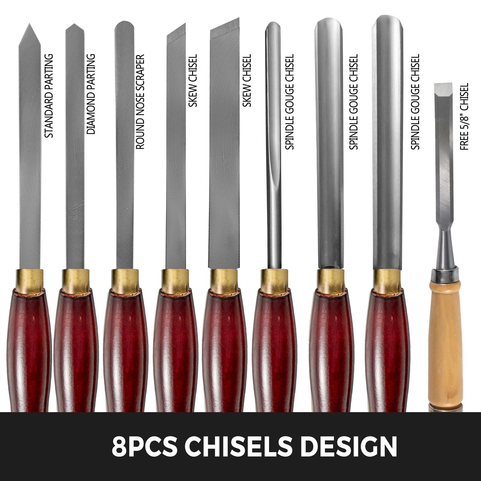 Woodworking Lathe Chisel Set 8 Piece Set Lathe Chisel HSS Steel Blades Wood Turning Tools Wooden Case for Storage for Wood Carving Root Carving Furniture Carving Lathes Red