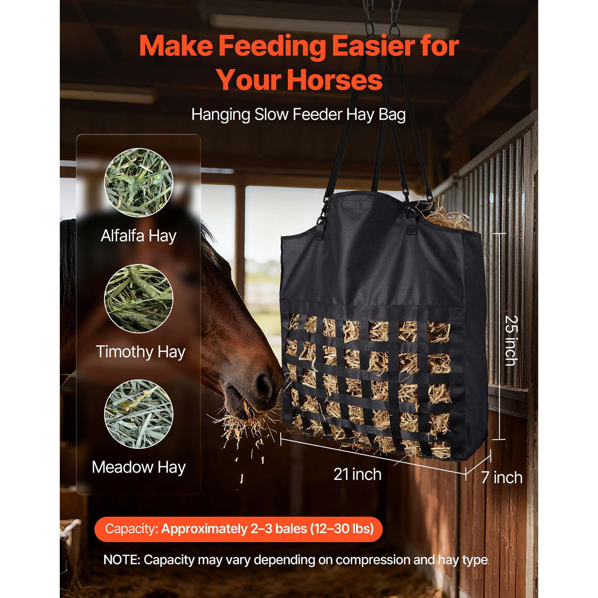 Hay Bag for Horses, 55 x 18.5 x 64 cm, 46 x 46 mm Holes, Premium Nylon Construction with PVC Waterproof Coating, Adjustable Hanging Straps and Metal Hooks, Slow Feed Hay Bag for Horses