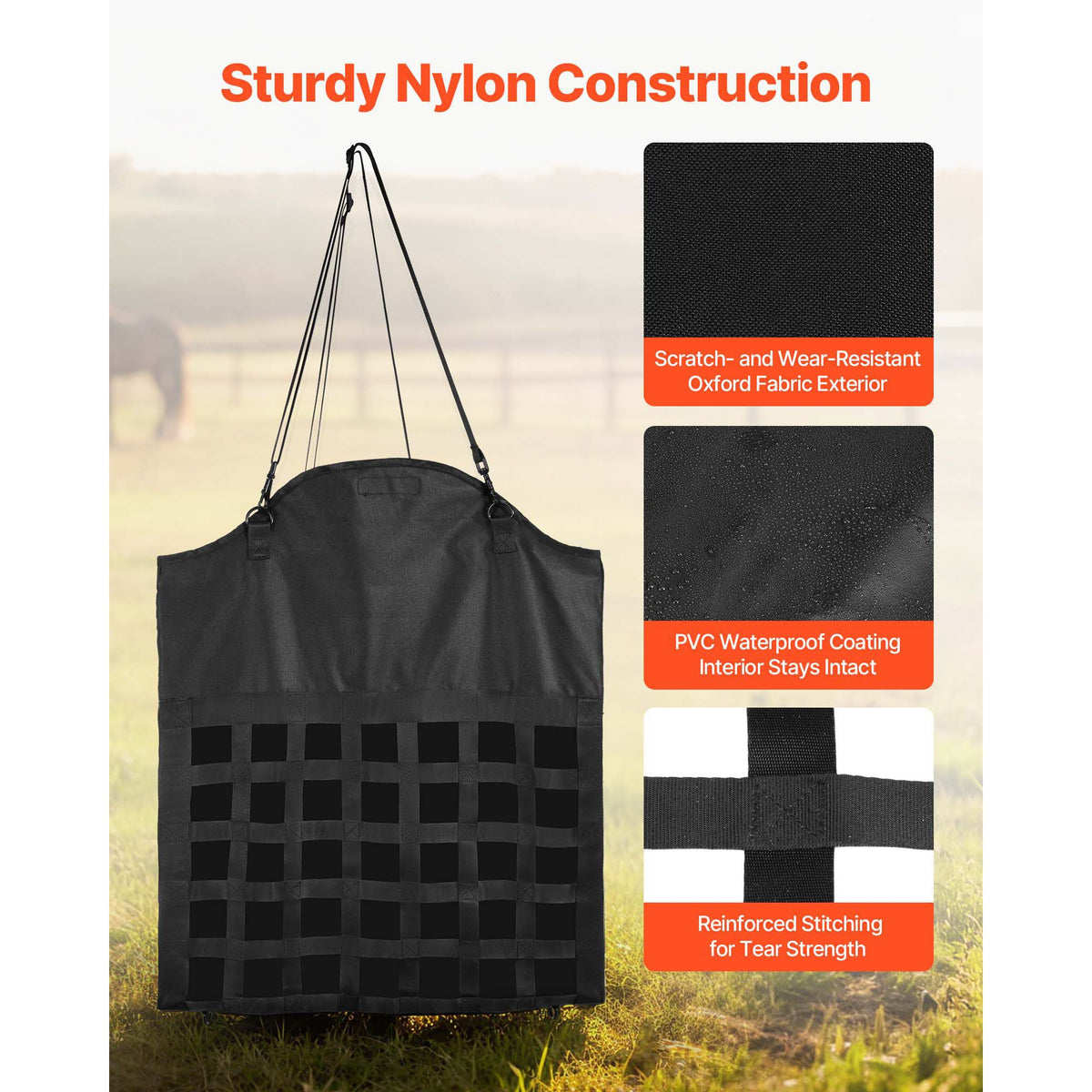 Hay Bag for Horses, 55 x 18.5 x 64 cm, 46 x 46 mm Holes, Premium Nylon Construction with PVC Waterproof Coating, Adjustable Hanging Straps and Metal Hooks, Slow Feed Hay Bag for Horses