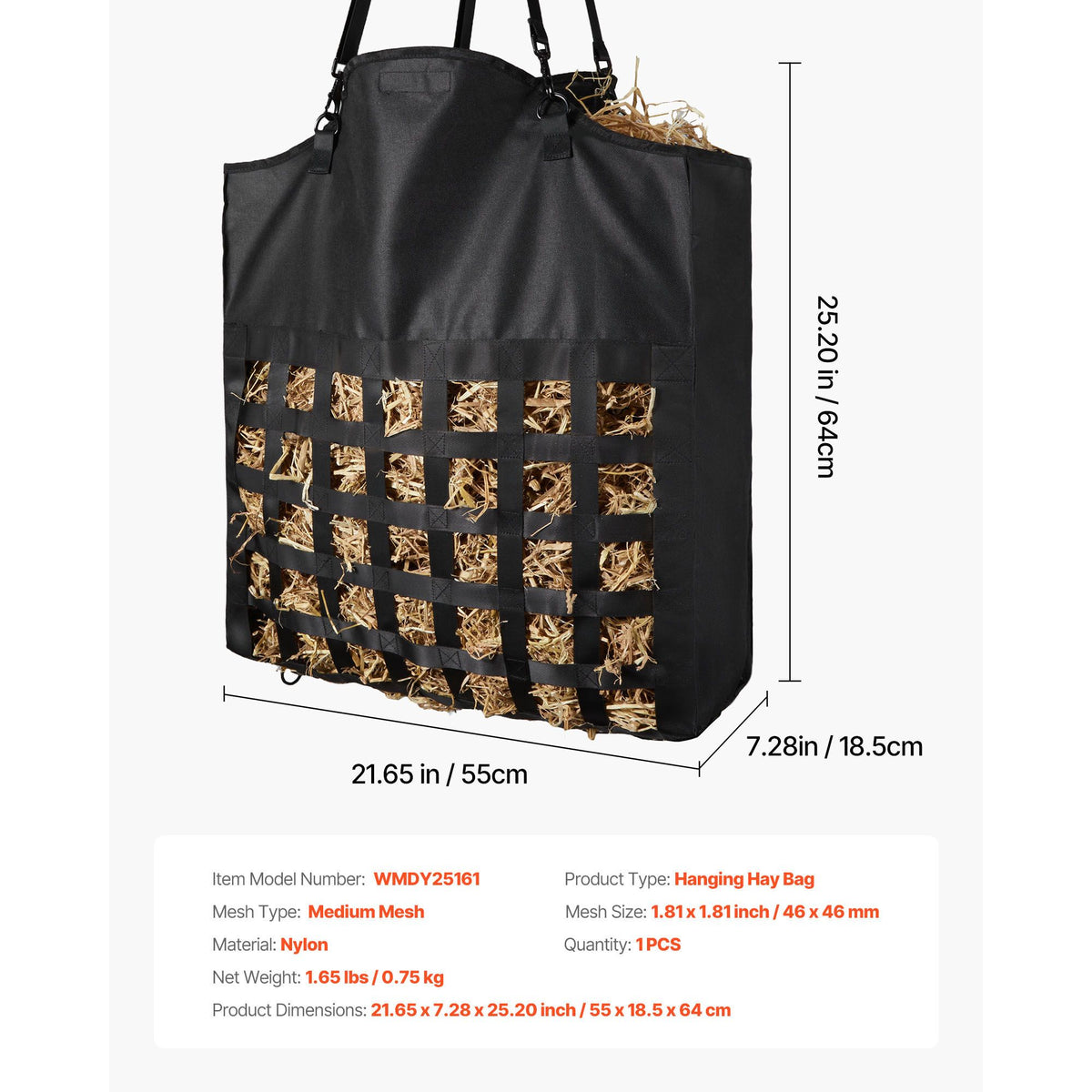 Hay Bag for Horses, 55 x 18.5 x 64 cm, 46 x 46 mm Holes, Premium Nylon Construction with PVC Waterproof Coating, Adjustable Hanging Straps and Metal Hooks, Slow Feed Hay Bag for Horses