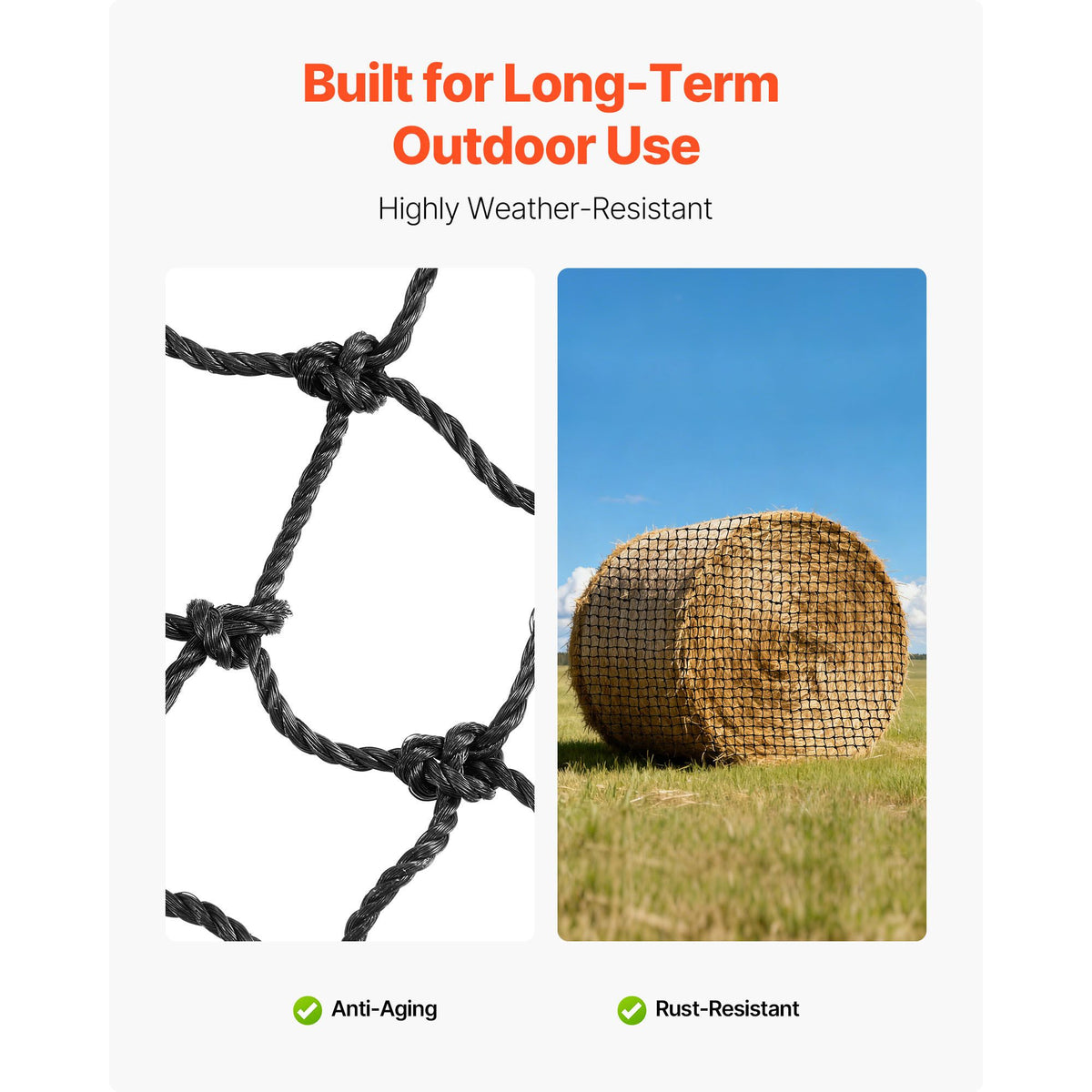 Round Bale Hay Net, 1.5 x 1.5 x 1.5 m, 44.45 x 44.45 mm Holes, PE Material, Reinforced Knotted Design, with Zip Ties, Needle Shuttle, and Repair Twine, Slow Feeder Round Bale Net for Horses