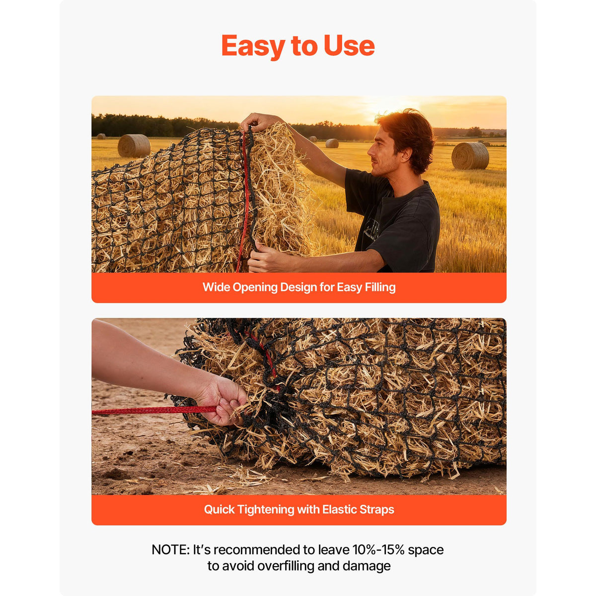 Round Bale Hay Net, 1.5 x 1.5 x 1.5 m, 44.45 x 44.45 mm Holes, PE Material, Reinforced Knotted Design, with Zip Ties, Needle Shuttle, and Repair Twine, Slow Feeder Round Bale Net for Horses
