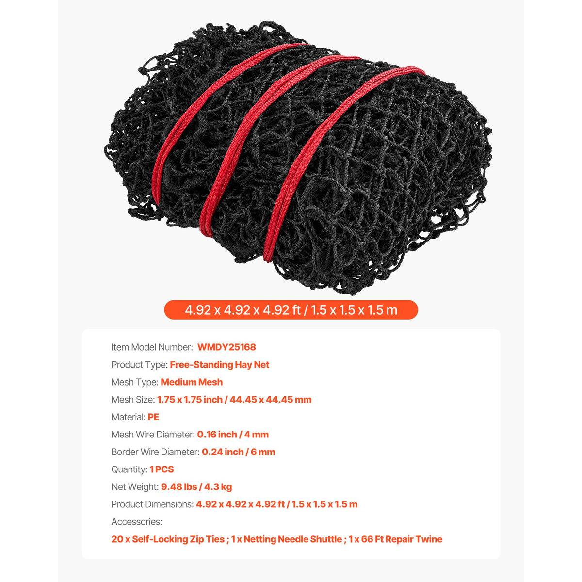 Round Bale Hay Net, 1.5 x 1.5 x 1.5 m, 44.45 x 44.45 mm Holes, PE Material, Reinforced Knotted Design, with Zip Ties, Needle Shuttle, and Repair Twine, Slow Feeder Round Bale Net for Horses