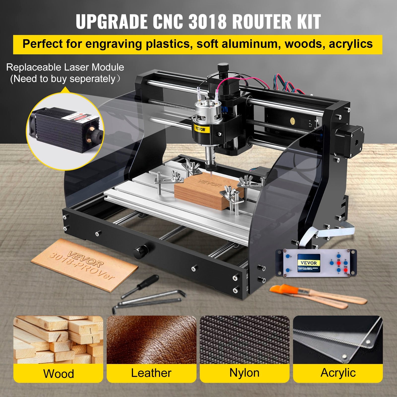 Hand Tools: VEVOR Cnc 3018 Pro 10000RPM Cnc 3018 300×180×45mm Cnc Machine GRBL Control Mini Laser Engraver with Offline Controller 3 Axis laser engraving machine for Carving Milling Plastic Acrylic PVC